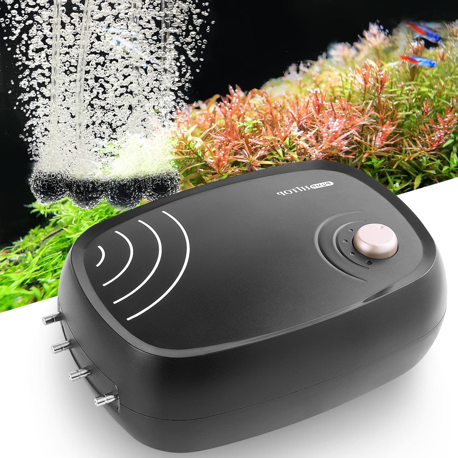 HITOP 10W High Power Aquarium Air Pump - 4 Outlets 320GPH Oxygen Pump for Fish Tank, Hydroponics & Pond | Ultra Quiet Aerator with Complete Accessories | Ideal for Home Aquariums, Hydroponic Systems & Outdoor Ponds