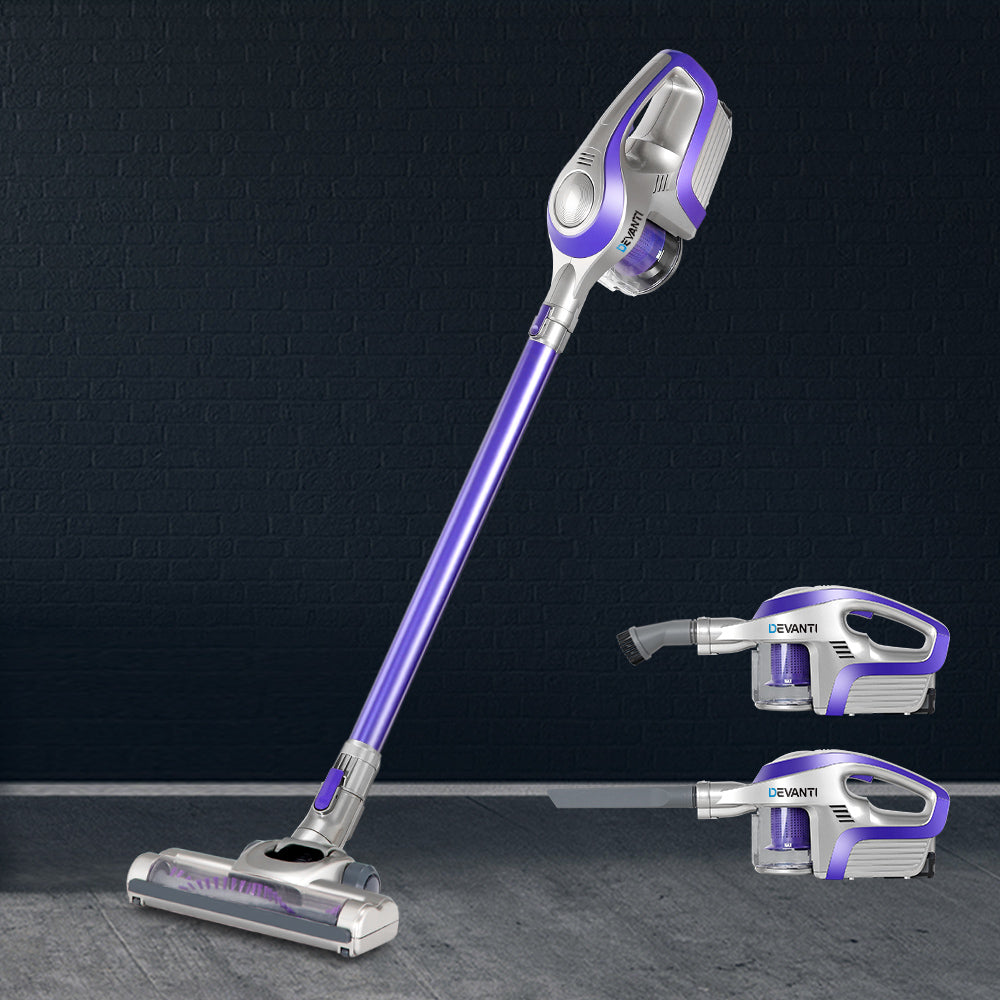 Devanti 150W Cordless Stick Vacuum Cleaner - Lightweight, Bagless, Powerful Suction for Hardwood Floors & Carpets - Purple (Ideal for Home, Apartment & Pet Hair Cleaning)