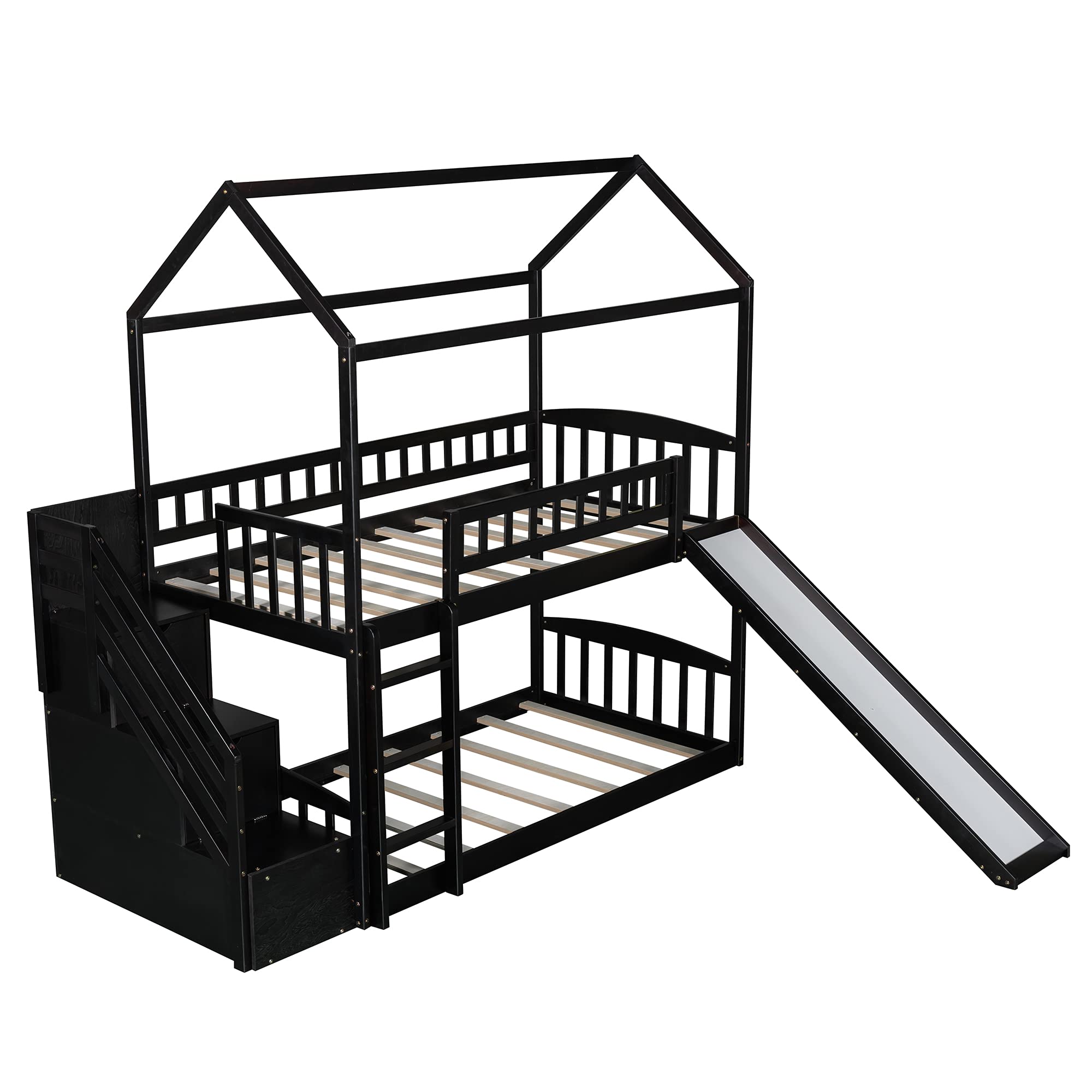 Twin Over Twin Wooden House Bunk Bed with Slide, 2 Drawers, Roof & Guardrails - Kids/Teens Bedroom Furniture, No Box Spring Needed (Espresso) - Perfect for Space-Saving Kids Rooms, Sleepovers & Play Areas