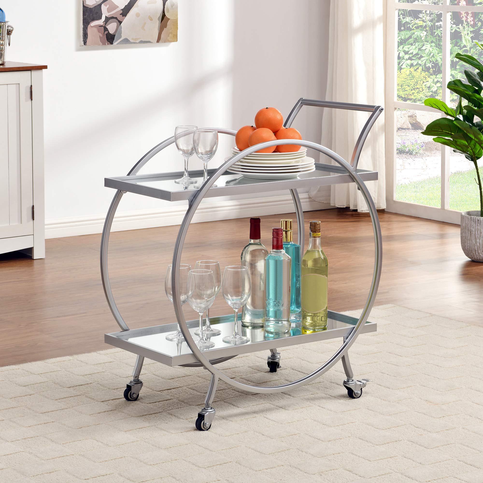 FirsTime & Co. Silver Odessa Bar Cart - 2-Tier Rolling Kitchen Serving Cart with Storage | Modern Mobile Mini Bar for Liquor, Coffee Station | Metal & Mirror Design (28 Inch) - Perfect for Home Entertaining, Small Spaces & Apartment Living