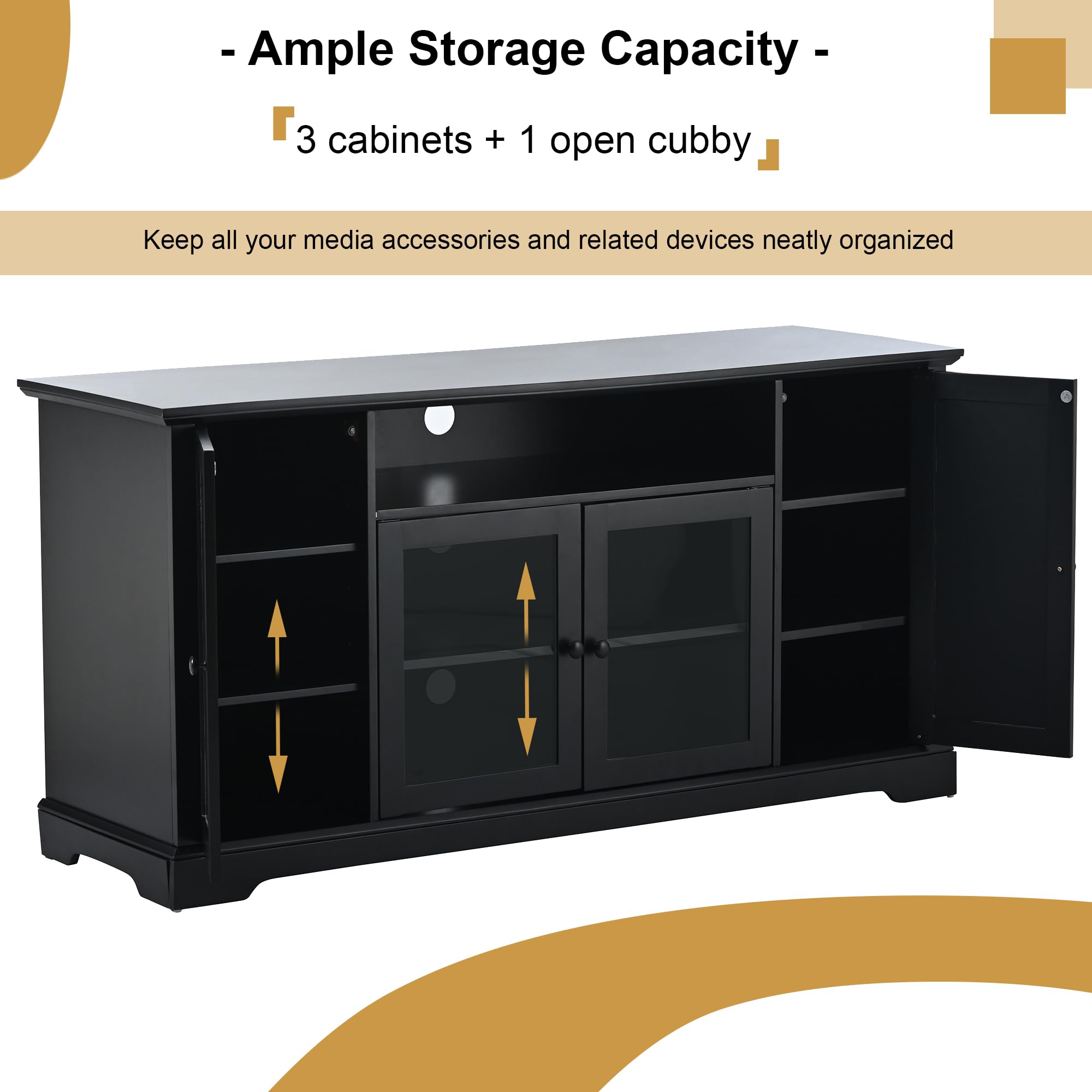 Modern Wooden TV Stand for 65 Inch TVs - Traditional Entertainment Center with Adjustable Shelves & Tempered Glass Doors - 59.8 Inch Black Storage Cabinet - Perfect for Living Room, Home Theater & Media Organization