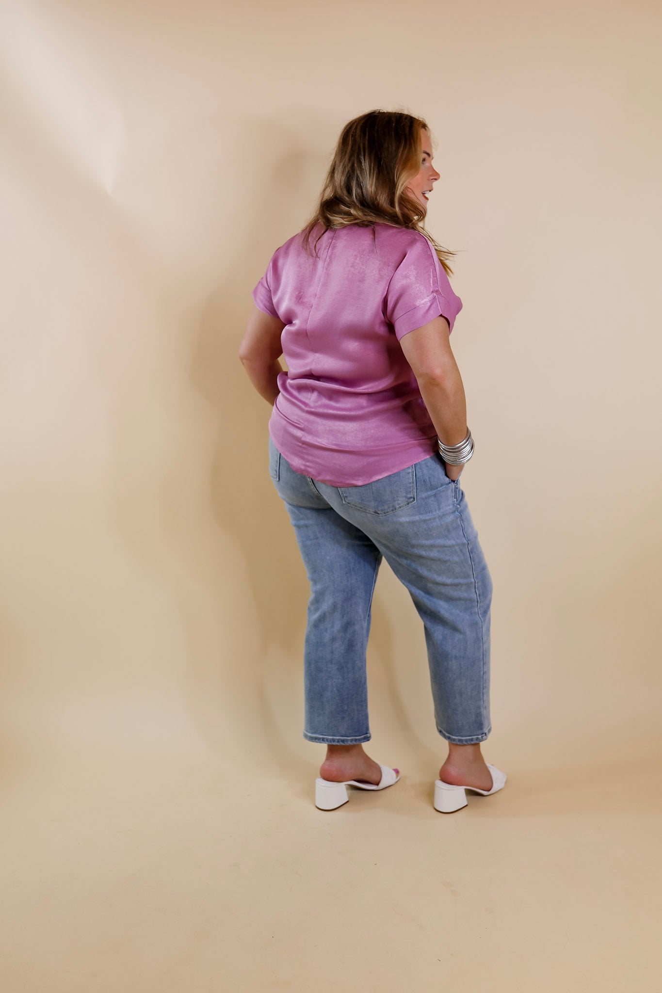Dusty Purple Notch Neck Short Sleeve Top for Women - Flattering Channeling Confidence Blouse for Casual Wear & Office Outfits