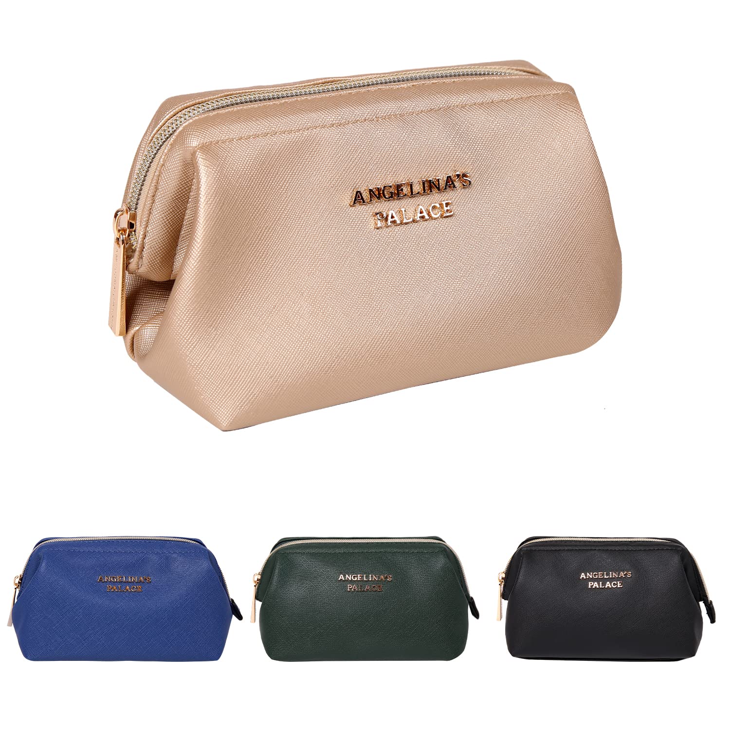 Angelina's Palace Vegan Leather Waterproof Travel Cosmetic Bag - Water-Resistant Toiletry Organizer & Makeup Pouch for Women (Champagne) | Perfect for Travel, Gym, and Daily Essentials Storage