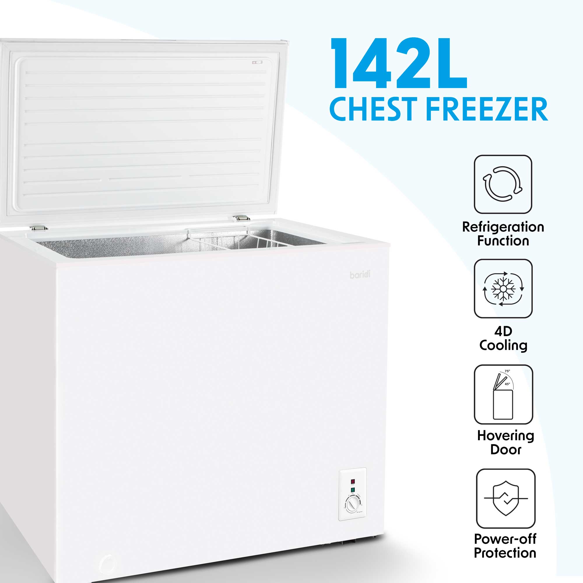 Baridi 5.0 cu ft Freestanding Chest Freezer - 142L Capacity, Adjustable Thermostat, Energy Efficient White Freezer for Home, Garage & Basement - Perfect for Bulk Food Storage & Meal Prep