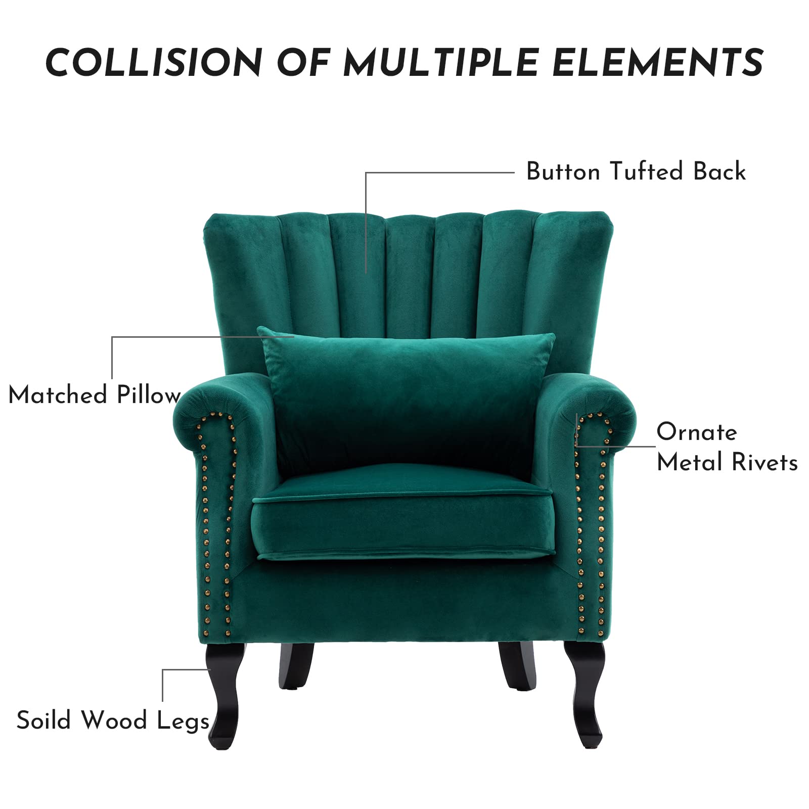 Midcentury Modern Accent Reading Arm Chair - Tufted Wingback Club Chair with Velvet Upholstery for Living Room, Bedroom & Reception - Comfy Corner Sofa Chair for Relaxing & Waiting Areas