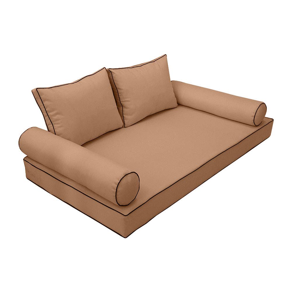 Prolinemax Style1 5-Piece Outdoor Daybed Cushion Set - Queen Size Contrast Piping Mattress & Bolster Pillows for Patio, Poolside, or Garden Relaxation AD104