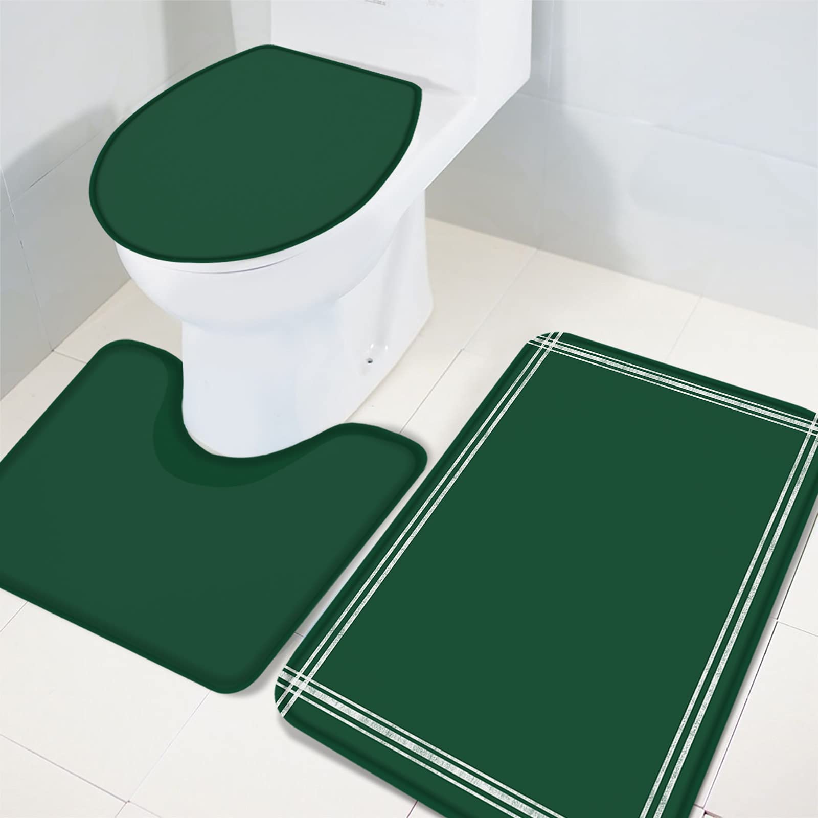 3-Piece Modern Olive Green Bathroom Rug Set - Non-Slip Bath Mat, Contour Mat & Toilet Lid Cover | Absorbent Shower Mats for Safety & Comfort | Minimalist Style Bath Accessories for Home, Apartment & Spa