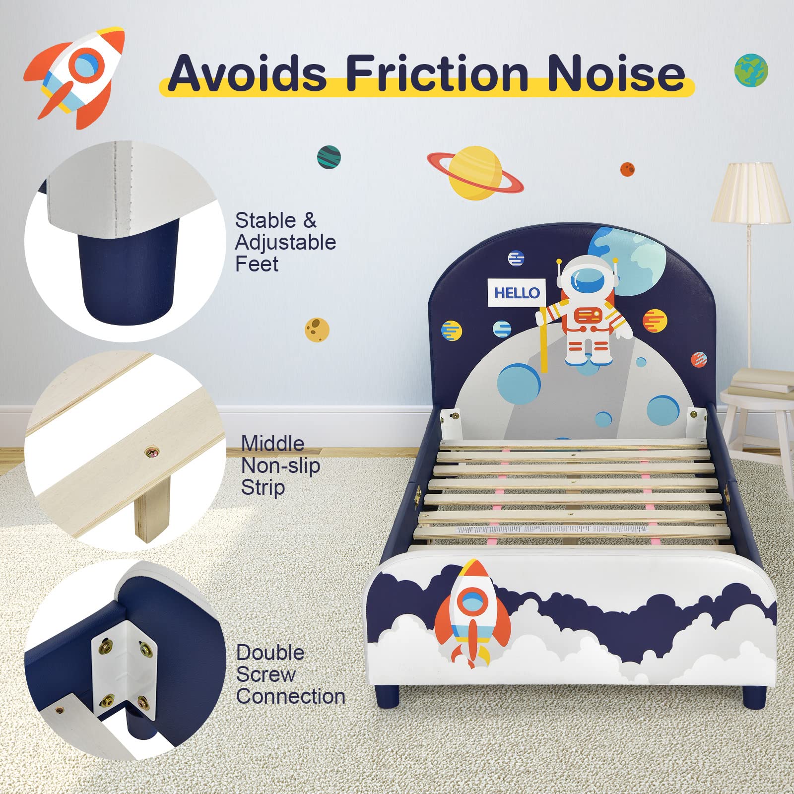 HONEY JOY Twin Bed Frame for Kids - Sturdy Wooden Platform Bed with Headboard & Slat Support, No Box Spring Required - Space Themed Children's Bedroom Furniture for Boys & Girls (Fits Standard Twin Mattress) - Perfect for Small Bedrooms, Daycare Centers & Sleepovers