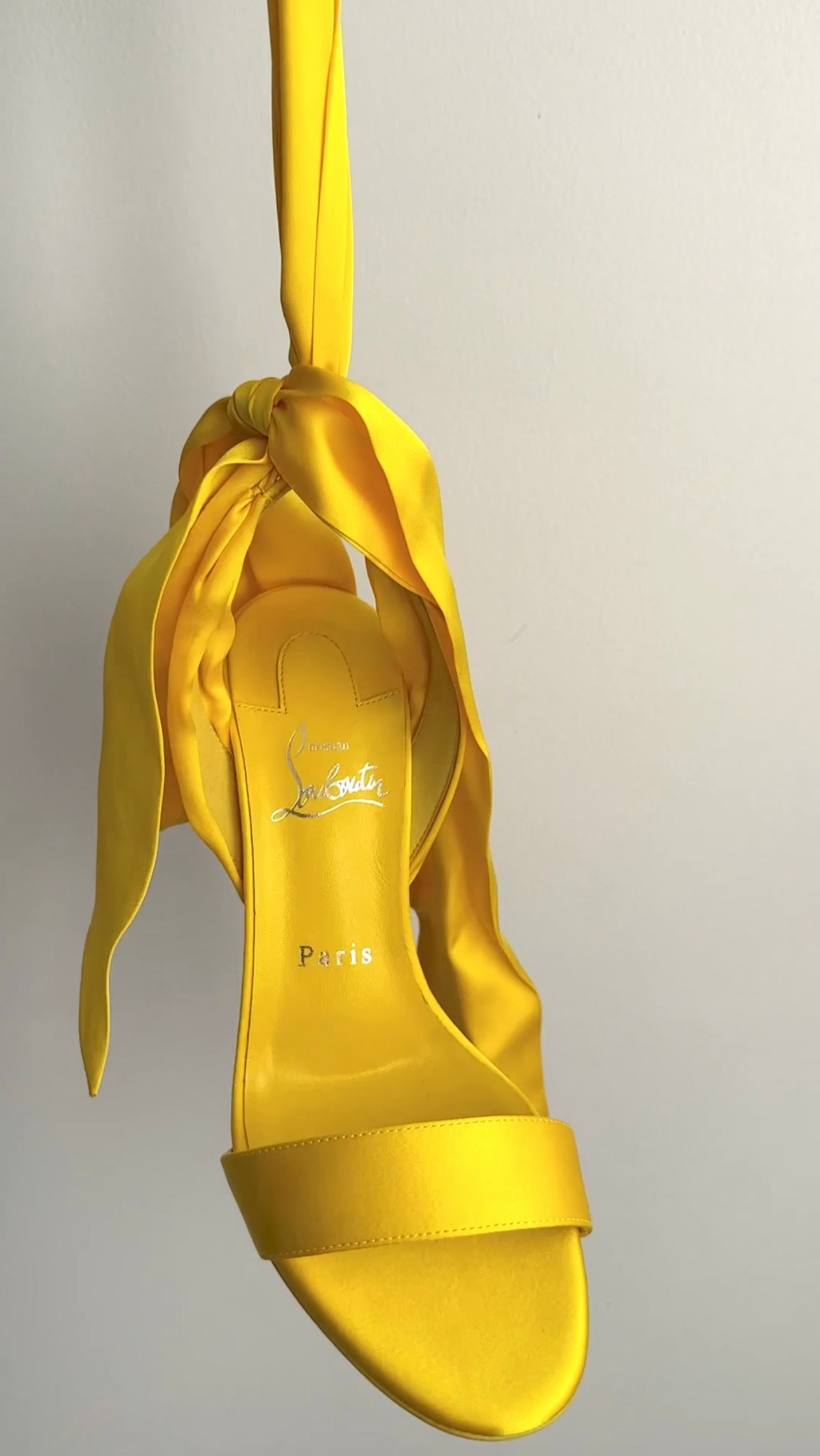 Christian Louboutin Desert Sandal 100mm Yellow Silk Wrapped Heels Size 37.5 - Perfect for Summer Weddings & Beach Vacations