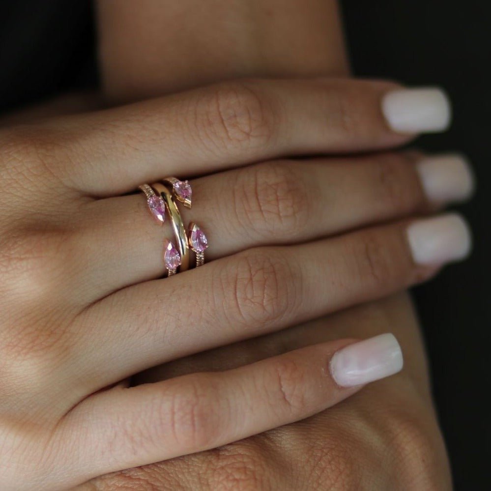 14K Yellow Gold Pink Topaz Pear Open Cuff Ring - Elegant Dainty Jewelry for Women, Perfect for Weddings, Anniversaries & Special Occasions