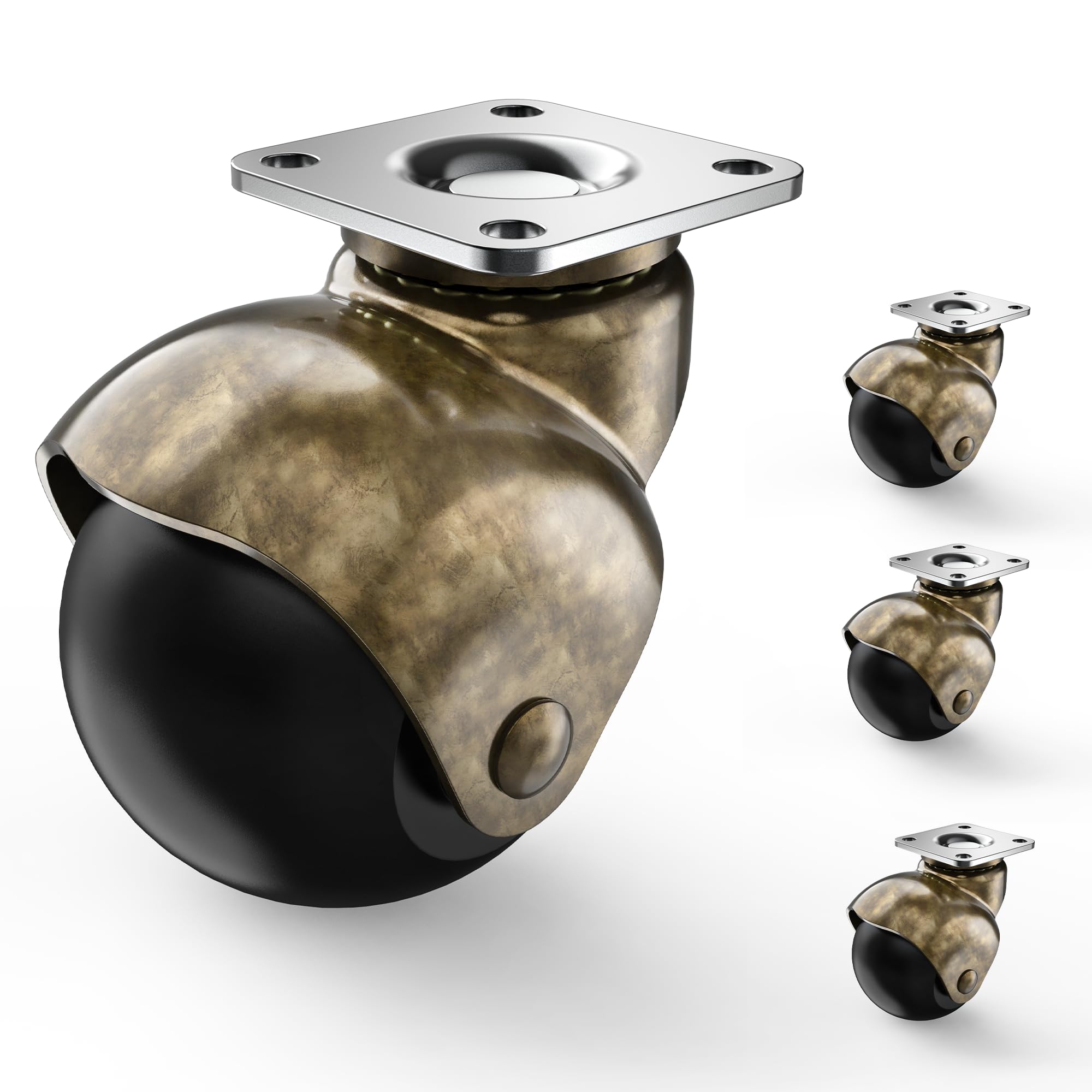 2 Inch Antique Brass Ball Casters Without Brake - Set of 4 Vintage Swivel Casters for Furniture, Sofa, Coffee Table, Cabinet & Kitchen Cart - Perfect for Home Decor & Industrial Use