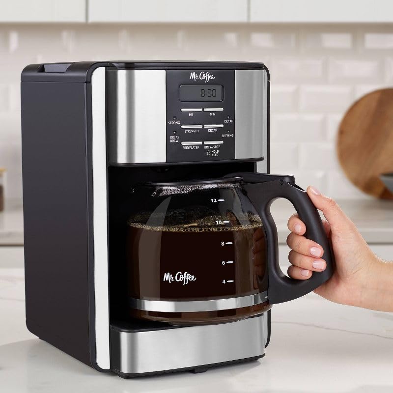 Mr. Coffee 12-Cup Programmable Coffee Maker - Black Stainless Steel Drip Coffee Machine with Auto Shutoff & Dishwasher Safe Parts - Perfect for Home, Office & Breakfast Brewing