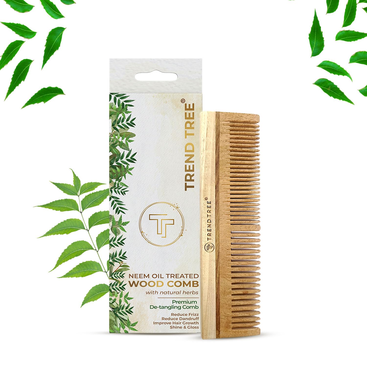 TRENDTREE® Premium Neem Wood Detangling Comb for Thick & Long Hair - Natural Herbs & Neem Oil Treated Dual Tooth Wooden Comb - Gentle Hair Care for Women & Men - Perfect for Daily Styling & Salon Use