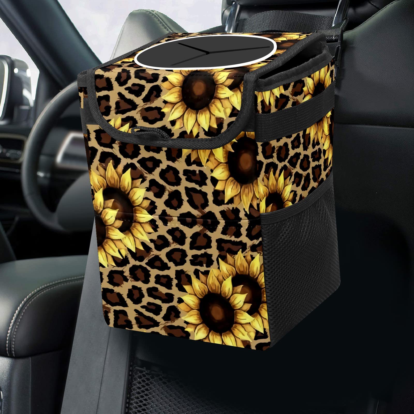 Leopard Sunflower Car Trash Can with Lid - Collapsible Reusable Waterproof Auto Garbage Bin for Car, Truck & SUV | Vehicle Interior Organizer Accessory | Perfect for Road Trips, Commuting & Family Travel