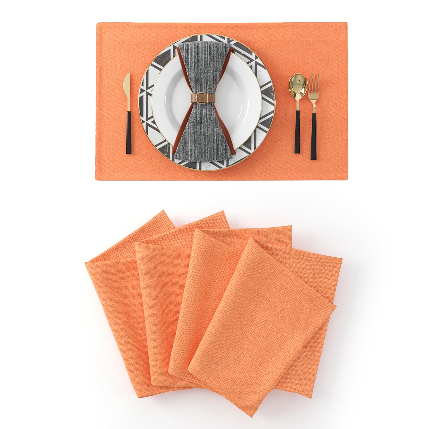 4-Piece 12x18 Inch Heat-Resistant Faux Linen Placemats - Soft Dining Table Mats for Kitchen, Orange - Perfect for Everyday Meals, Dinner Parties & Holiday Decor