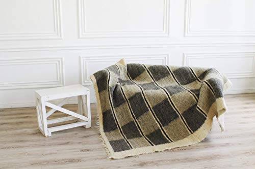 Handmade Moroccan Brown Wool Throw Blanket - Plaid Pattern Stripes for Living Room, Sofa & Bed - Thick Weighted Coverlet - Aztec Modern Flokati Wool Blanket for Cozy Home Decor, Winter Warmth & Gift Giving