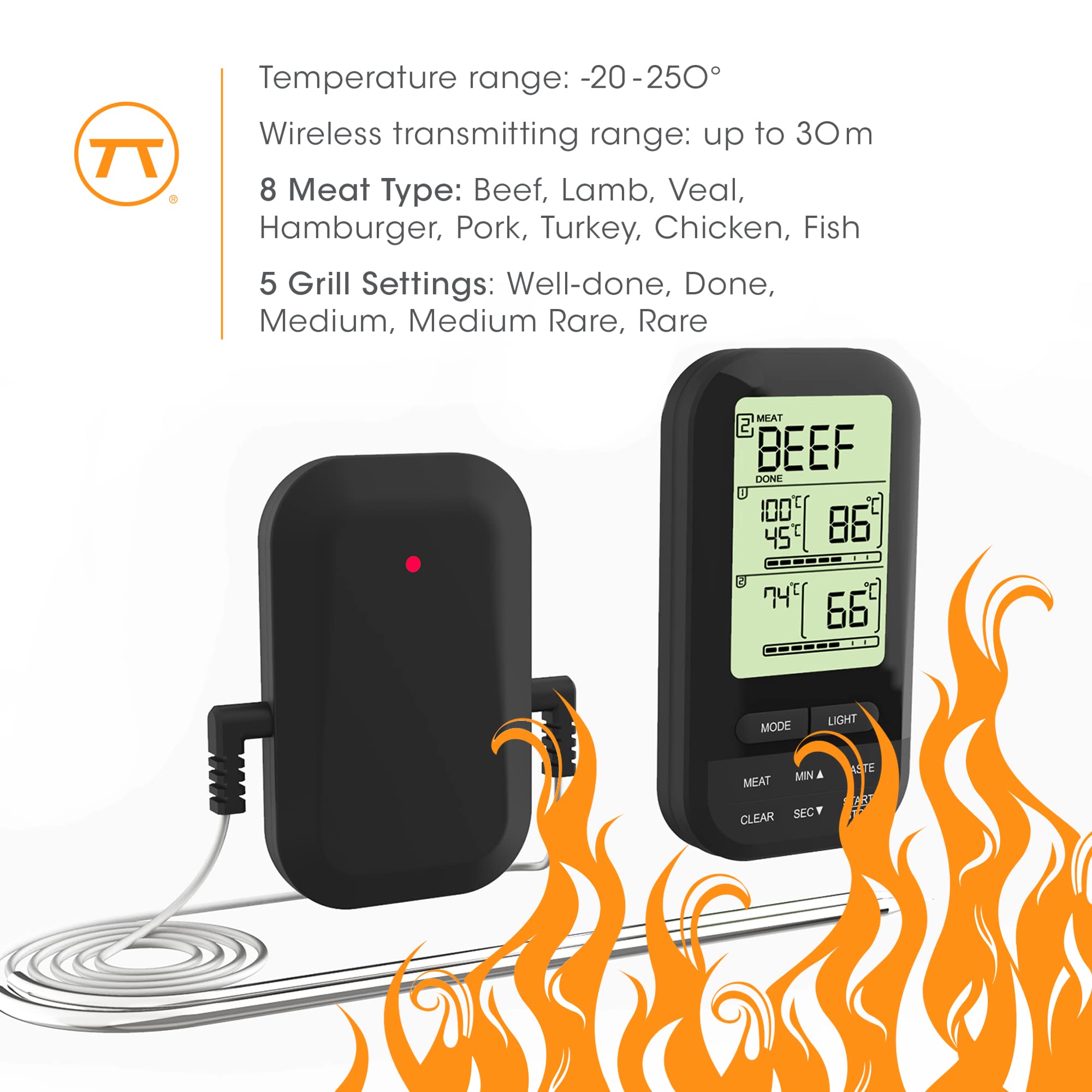 Outset Grill Thermometer - Digital Wireless BBQ Meat Thermometer with Dual Probes for Smoker, Oven, Kitchen & Outdoor Cooking - Perfect for Grilling, Smoking, Roasting & Baking