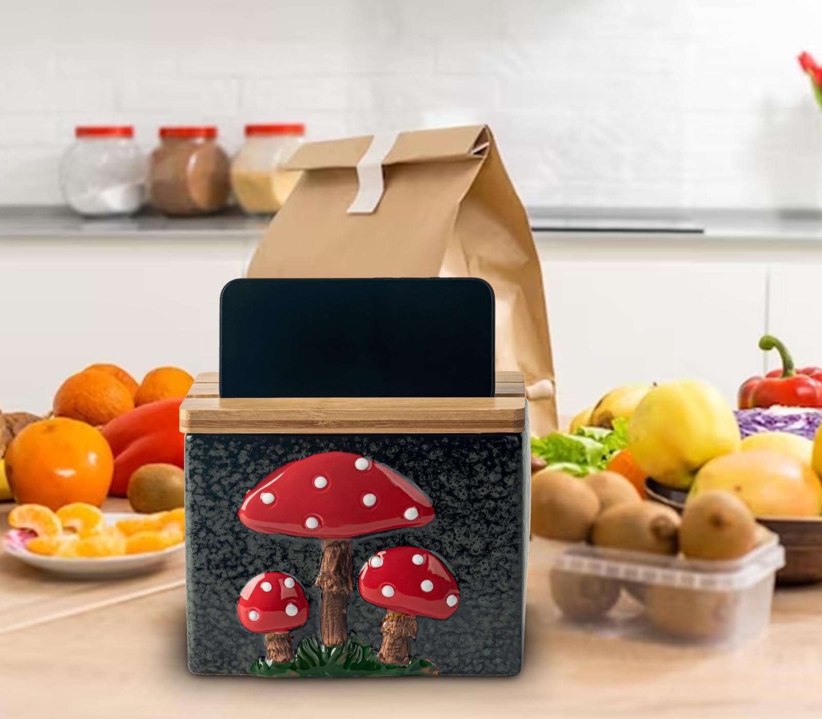 Ceramic Recipe Card Box with Bamboo Lid - Mushroom-Themed Recipe Organizer with Dividers & Recipe Cards - Perfect for Kitchen Storage, Meal Planning, and Gift Giving