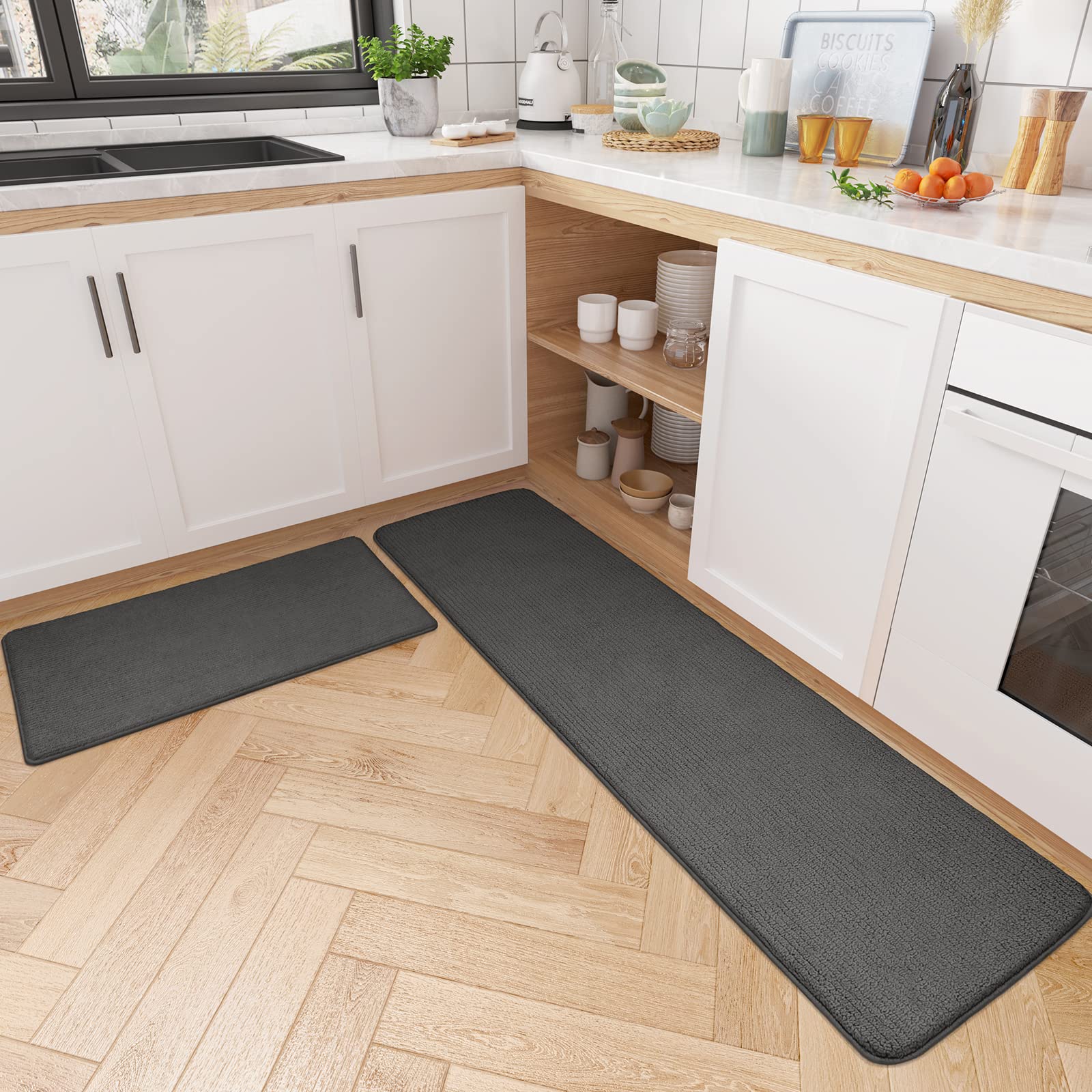Non-Slip Washable Kitchen Rug Set - Absorbent Black Kitchen Floor Mats (17