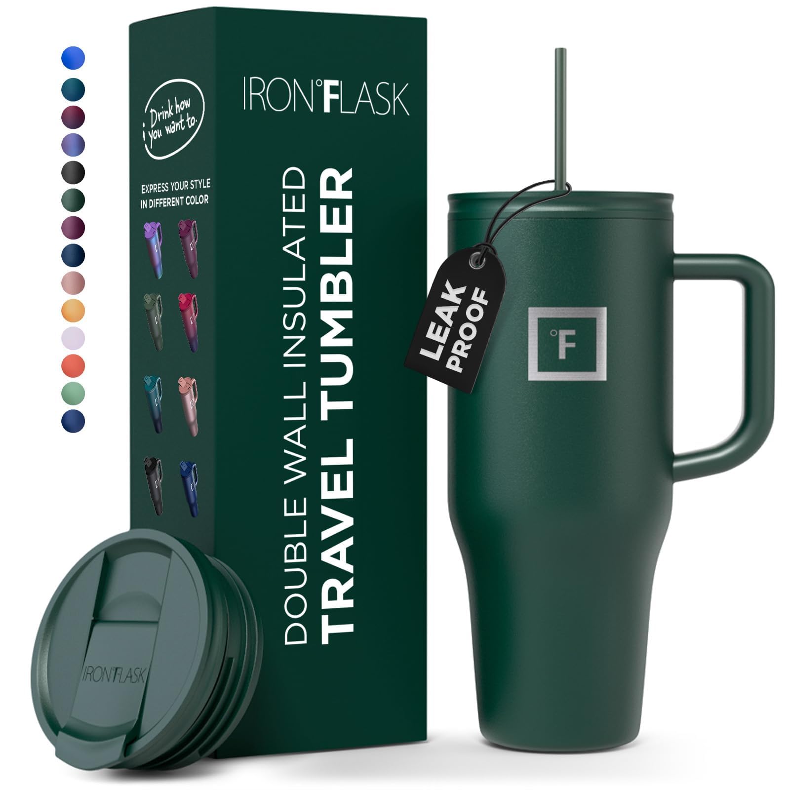 IRON °FLASK Co-Pilot 40oz Insulated Stainless Steel Travel Mug with Straw & Flip Lid - Leak-Proof Coffee & Water Bottle for Hot/Cold Drinks - Fits Car Cup Holders - Perfect for Commuting, Camping & Office Use - Dark Pine Green