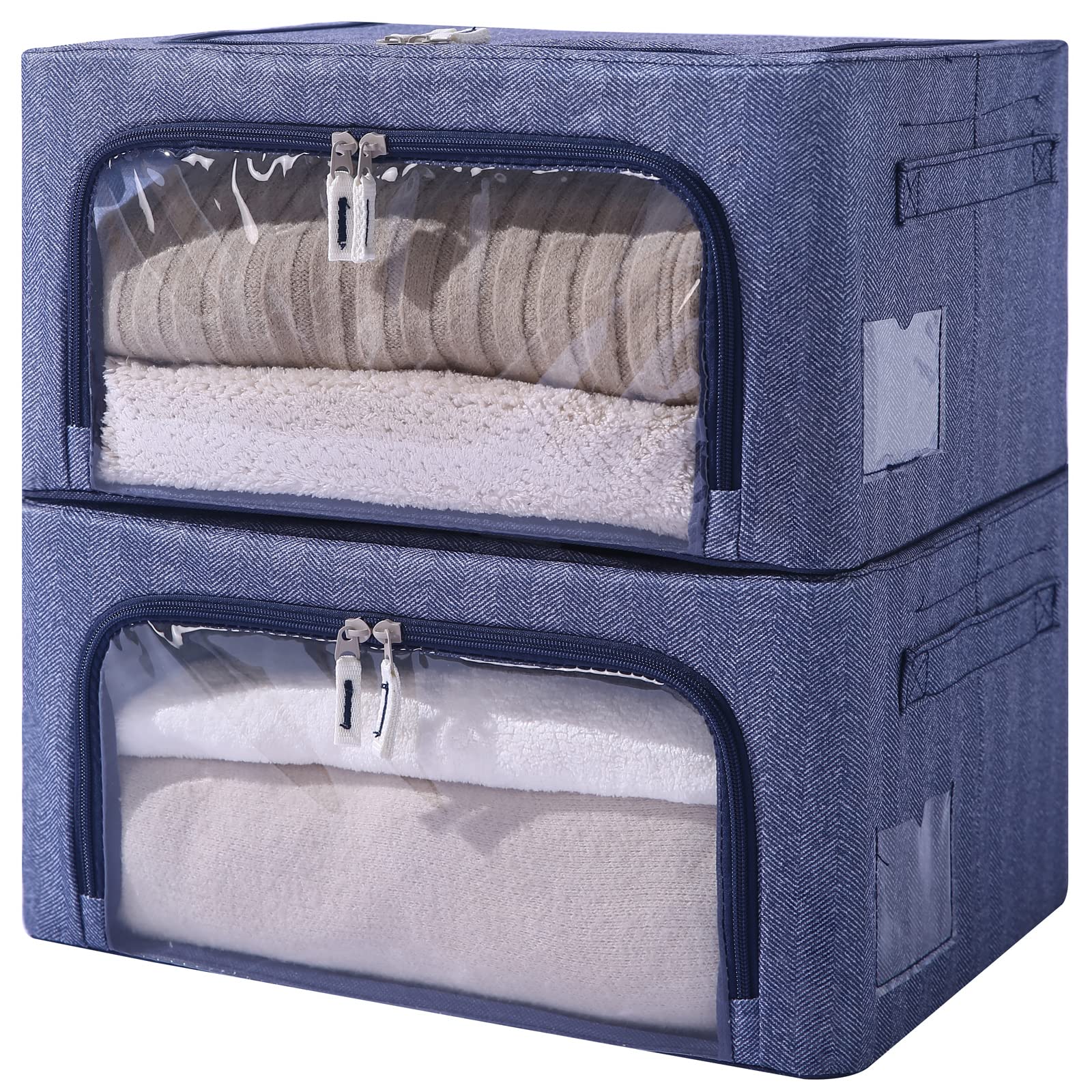 Foldable Clothes Storage Bins 2 Pack - Stackable Metal Frame Clothing Organizer with Clear Windows & Handles | Oxford Fabric Herringbone Pattern Storage Box for Blankets, Toys, Baby Clothes (22L, Blue) | Perfect for Closet, Nursery, Dorm & Home Organization