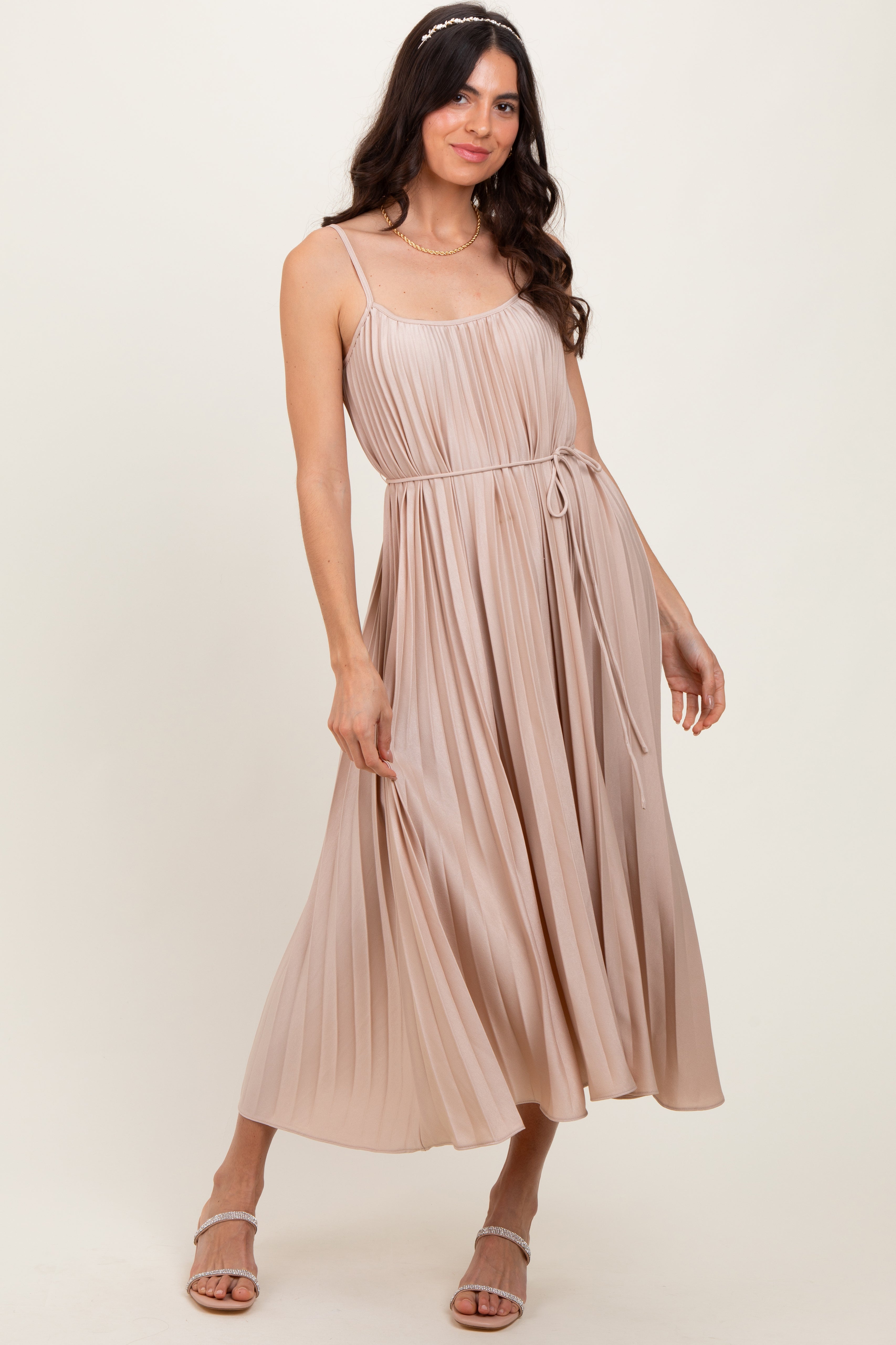 Beige Pleated Sash Tie Maternity Midi Dress for Pregnancy - Comfortable Stretchy Flowy Dress for Baby Shower, Maternity Photos & Special Occasions