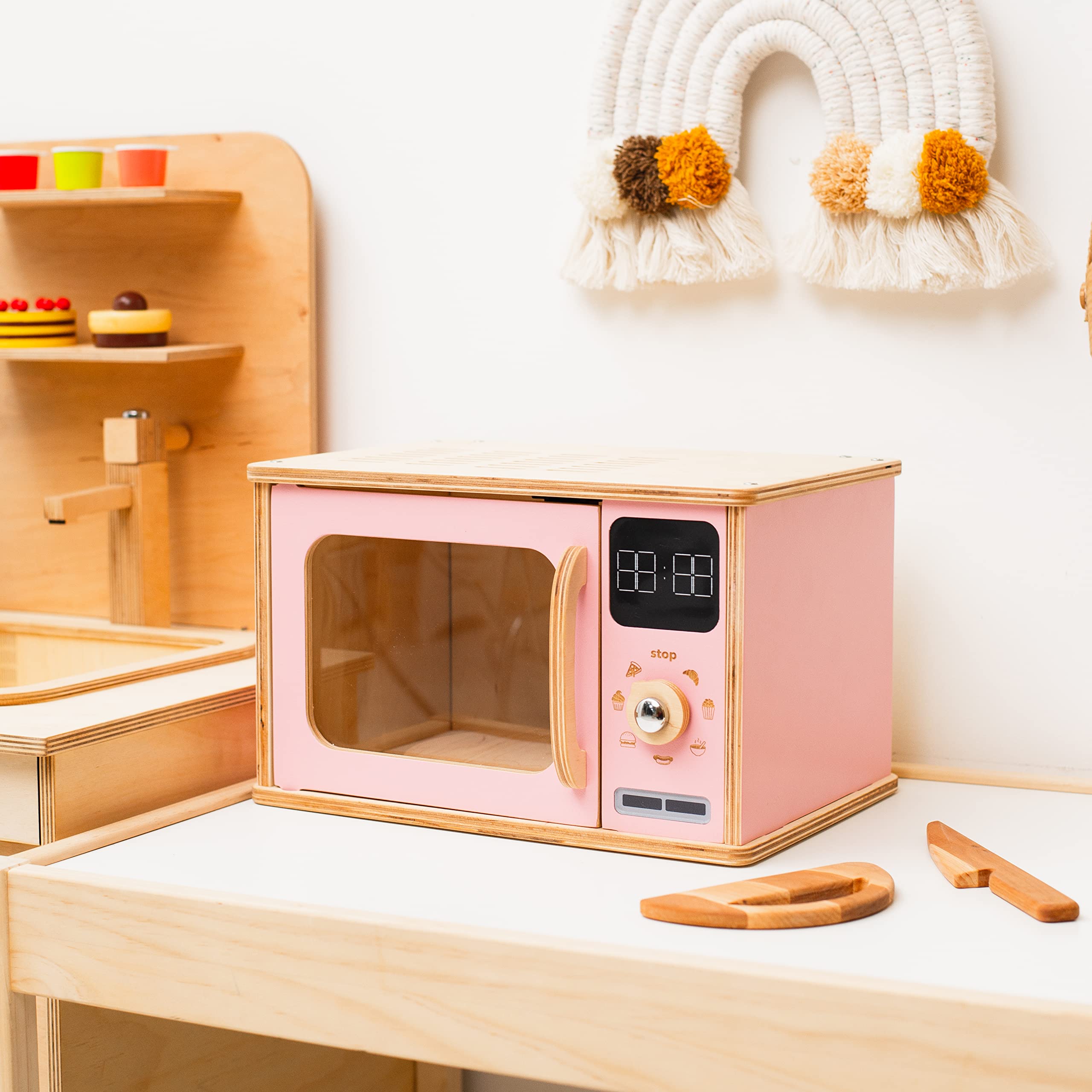 Montessori Wooden Kids Microwave Oven Toy - Natural Wood Play Kitchen for Toddlers 2-3 Years | Pretend Play, Learning Toy, Nursery Decor & Birthday Gift (Dark Walnut) - Perfect for Playrooms, Daycares & Montessori Classrooms