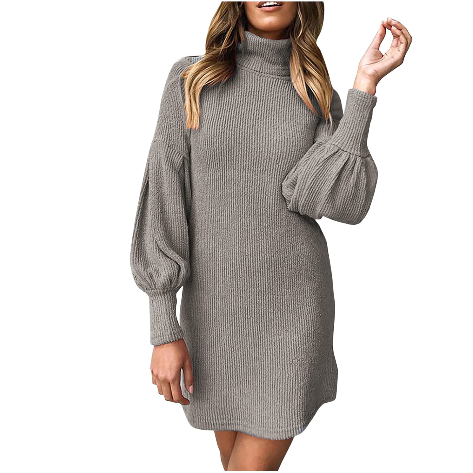 Women's Pink Turtleneck Sweater Dress - Lantern Sleeve Pullover Mini Dress for Casual Wear | Perfect for Fall Fashion, Date Nights & Office Outfits
