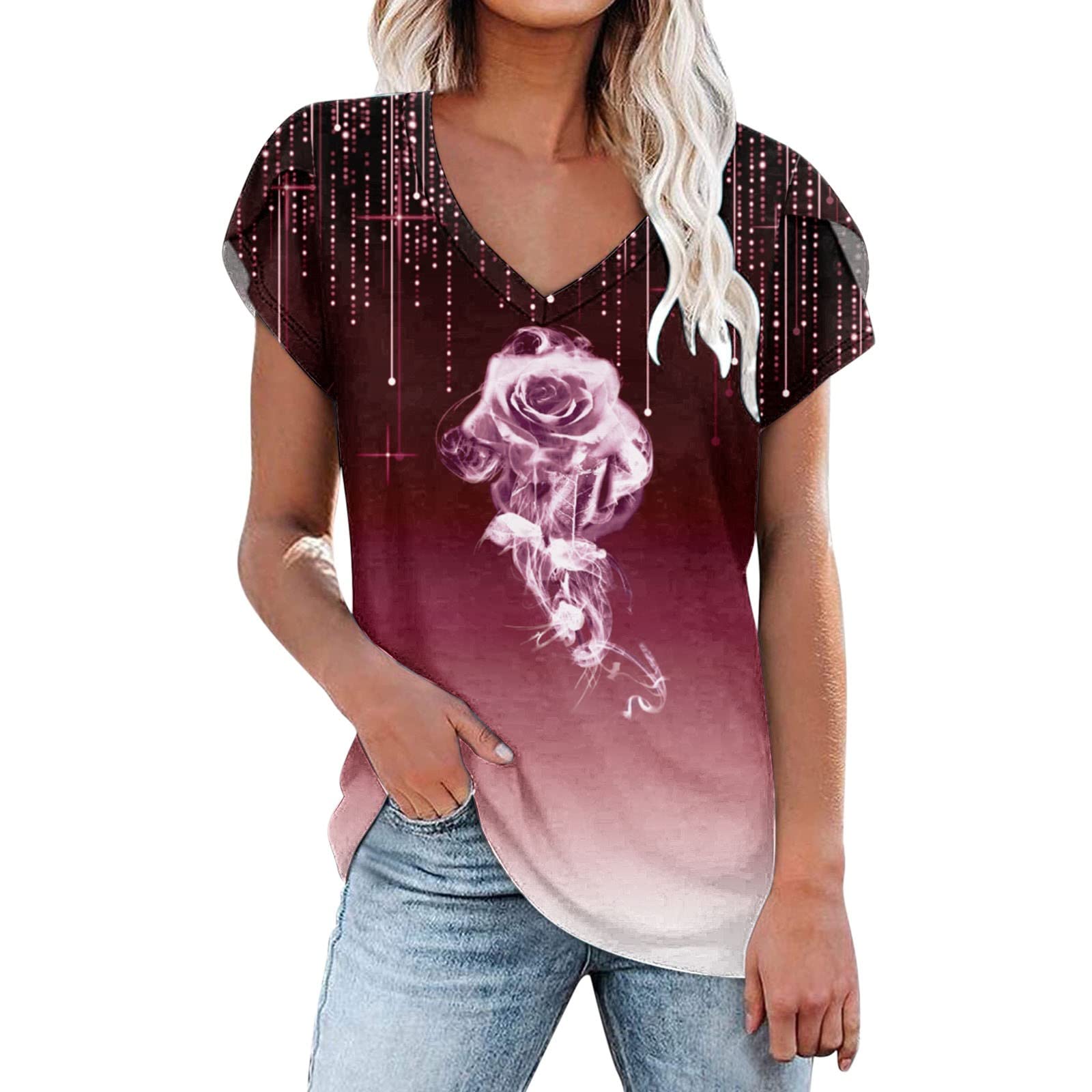Women's Floral Print V-Neck Casual T-Shirt - Summer Short Sleeve Blouse with Petal Sleeve Detail in Black | Perfect for Beach Outings, Date Nights & Summer Vacations