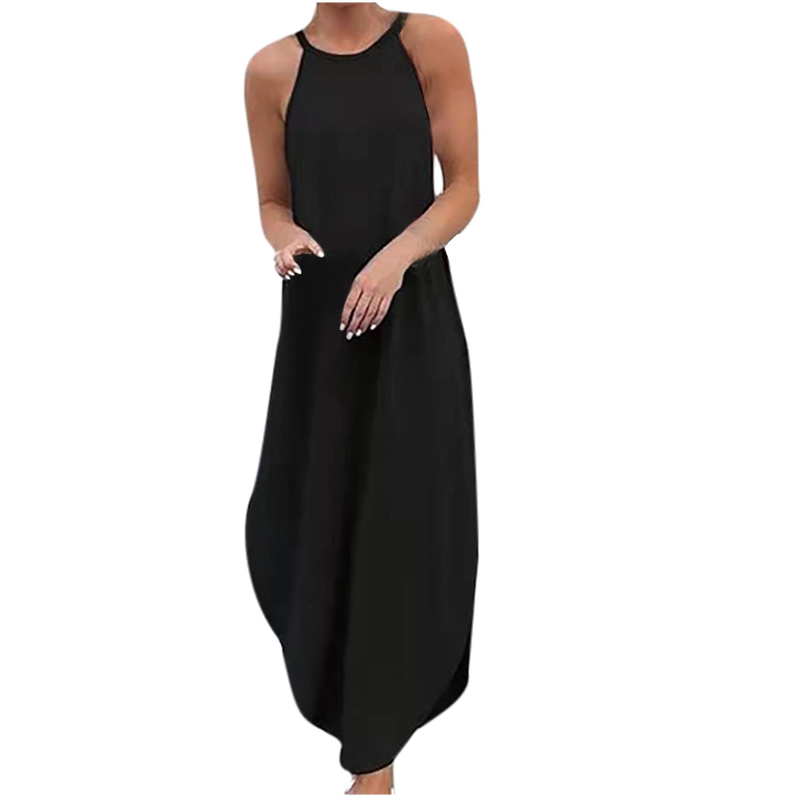 Women's Halter O-Neck Casual Dress - Sleeveless Loose Fit Long Slit Summer Dress for Beach, Wedding, Party & Vacation | Perfect for Outdoor Events, Date Nights & Tropical Getaways