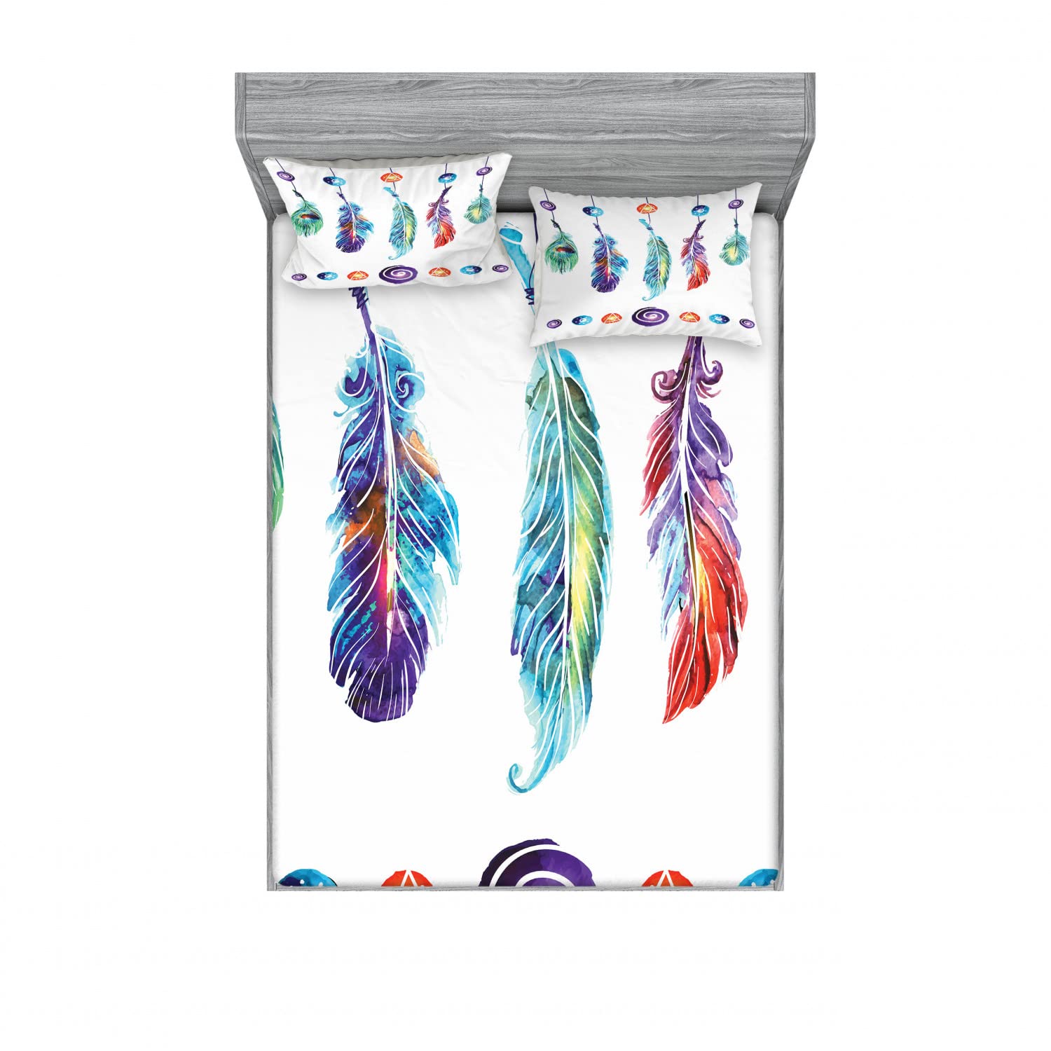 Ambesonne Bohemian 2-Piece Fitted Sheet & 4-Piece Pillow Sham Set - Feather Hippie Design, Multicolor Bohemian Bedding Decor for Queen Size Beds - Perfect for Guest Rooms, Dormitories & Boho Chic Bedroom Makeovers