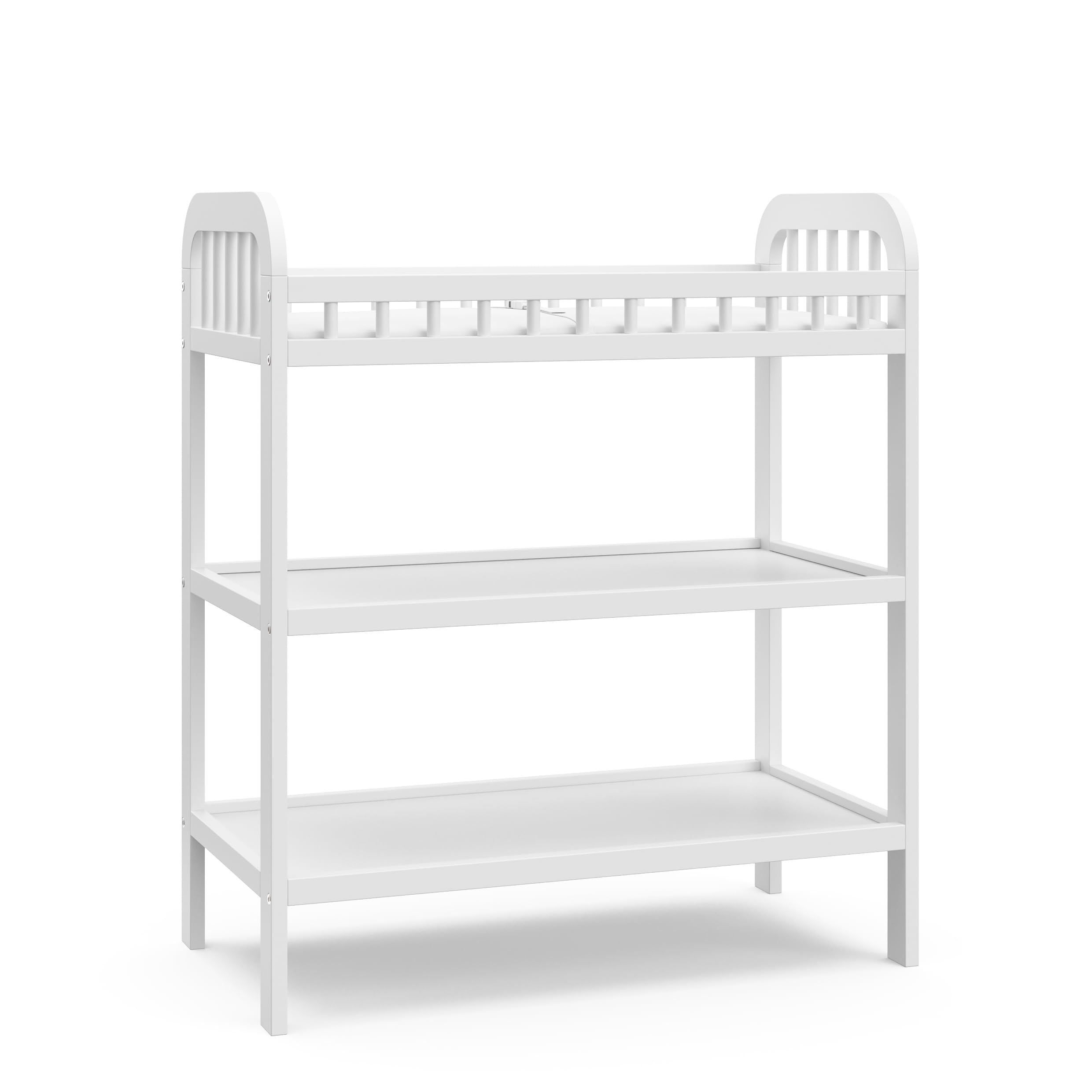 Storkcraft Pasadena White Changing Table with Water-Resistant Pad - GREENGUARD Gold Certified Baby Nursery Furniture, 2 Open Shelves & Safety Strap | Perfect for Diaper Changing, Baby Care Organization in Nursery Rooms