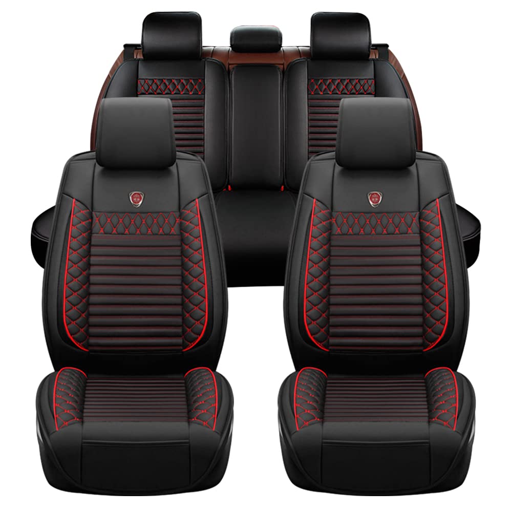 Premium Genuine Leather Car Seat Covers for Volkswagen Touran 5-Seater (2004-2015 Models) - Waterproof, Scratch-Resistant, Non-Slip Seat Protectors with Airbag Compatibility (Full Set, Black/Red) - Perfect for Family Road Trips, Daily Commuting & Luxury Car Interior Upgrade