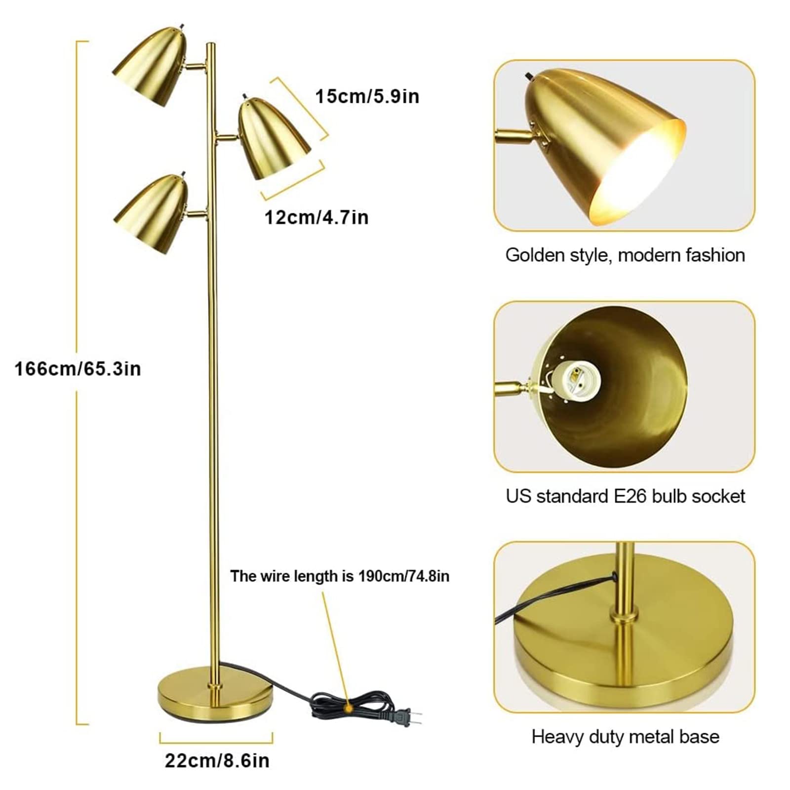 **3-Arm Adjustable Tree Floor Lamp - 360° Swivel Reading Light for Living Room, Bedroom & Office - Tall Standing Pole Lamp with 3 Bulbs (Gold) - Perfect for Cozy Reading, Task Lighting & Ambient Illumination**