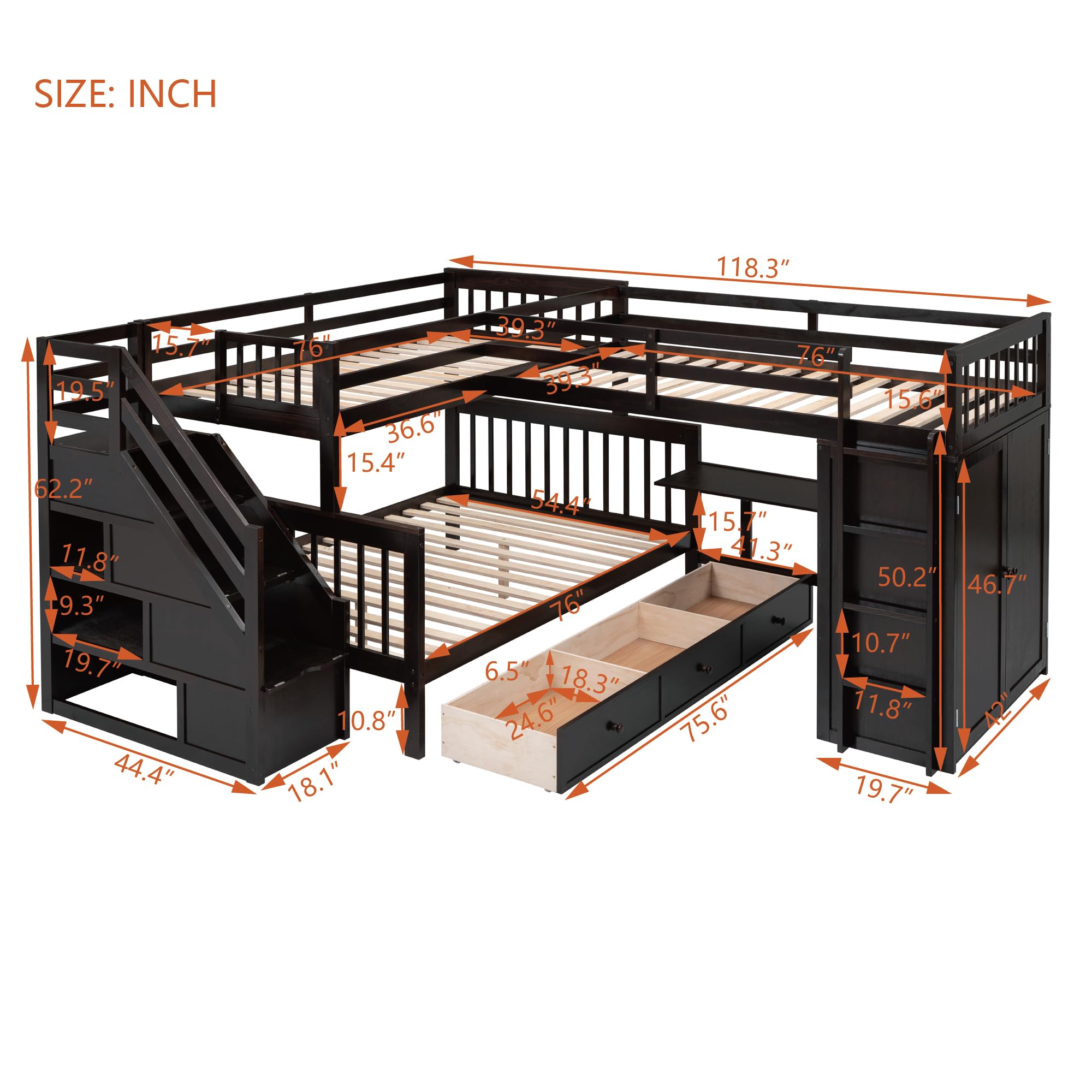 L-Shaped Triple Bunk Bed with Storage Staircase, Wardrobe, Desk & Drawers - Solid Wood Space-Saving Bunk Bed for 3 Kids, Teens or Adults (Twin Over Full, Espresso Finish) - Perfect for Small Bedrooms, Guest Rooms & Shared Kids' Rooms