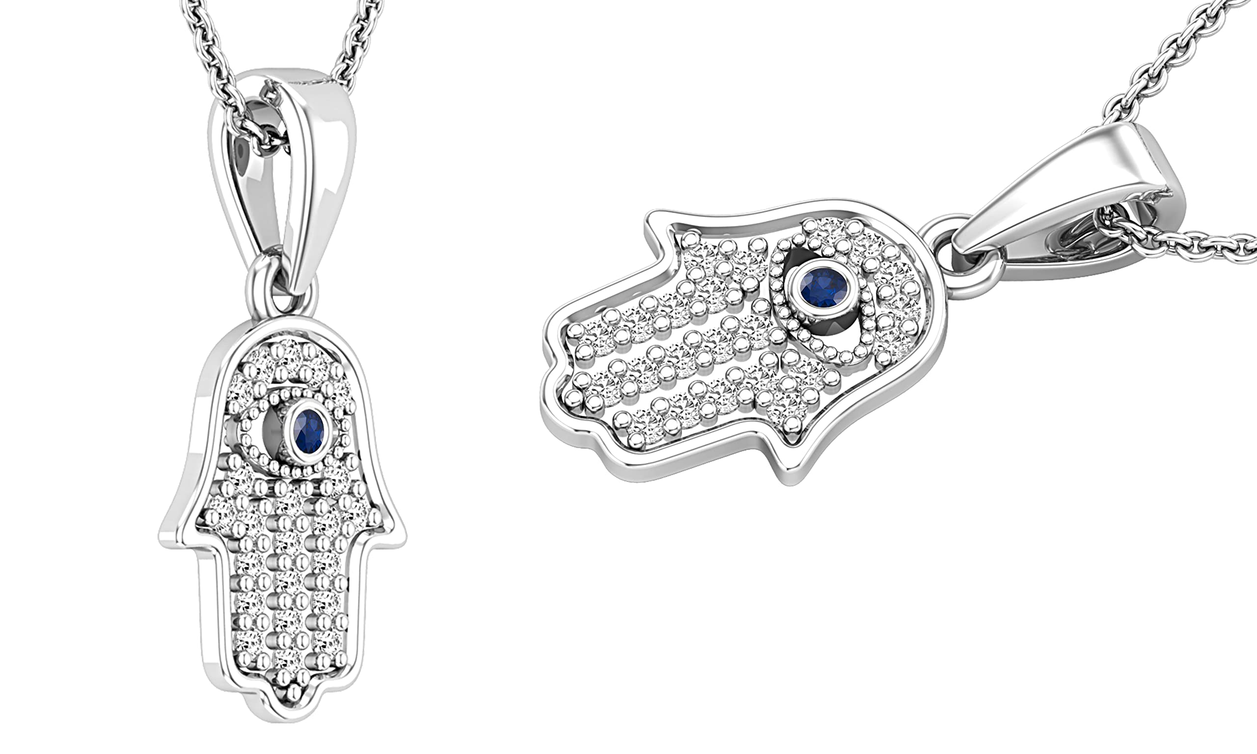 14K Solid White Gold Round Blue Sapphire & 0.09ctw White Diamond Hamsa Hand Evil Eye Charm Pendant for Women | Dazzlingrock Collection | Protection Jewelry Gift for Her, Birthday, Anniversary, Mother's Day