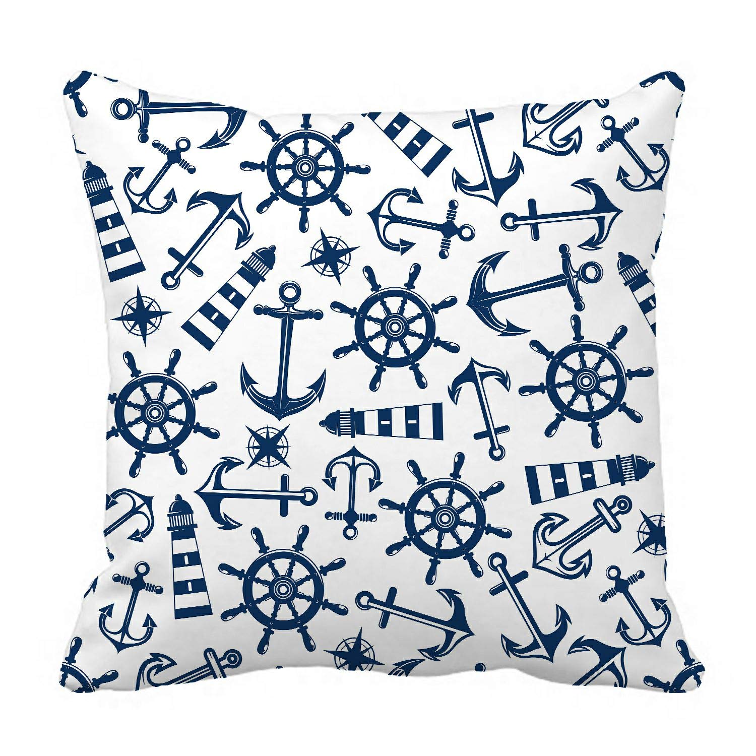 Vintage Nautical Pillow Cover - 20x20 Inch Blue Anchor & Lighthouse Print Decorative Throw Pillow Case for Couch, Bed, Boat, Beach House Decor (2-Sided Design)