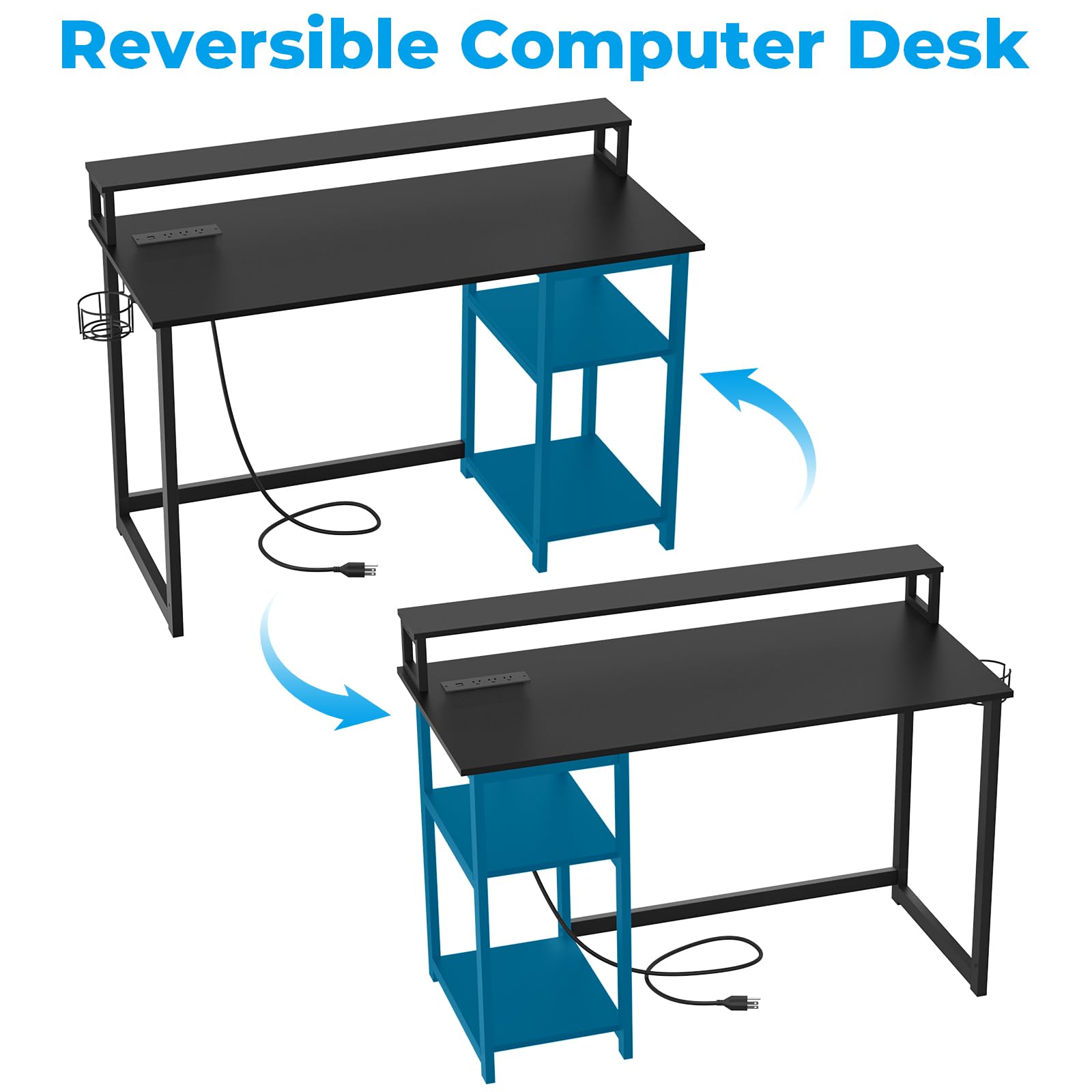 GreenForest 40 Inch Computer Desk with Power Outlets - Ergonomic Home Office Desk with Monitor Stand, Reversible Gaming & Study Desk for Small Spaces (Black) | Perfect for Home Office, Gaming Setup & Remote Work