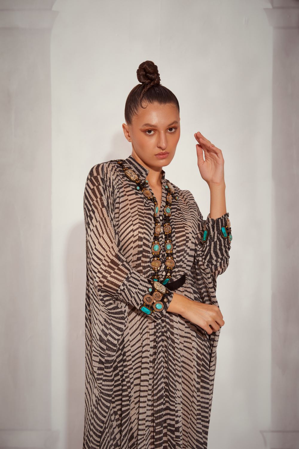 Black & White Byzantine Antique Stone Embellished Kaftan with Belt - Elegant Boho Maxi Dress for Women, Perfect for Beach Cover Up, Evening Parties and Special Occasions