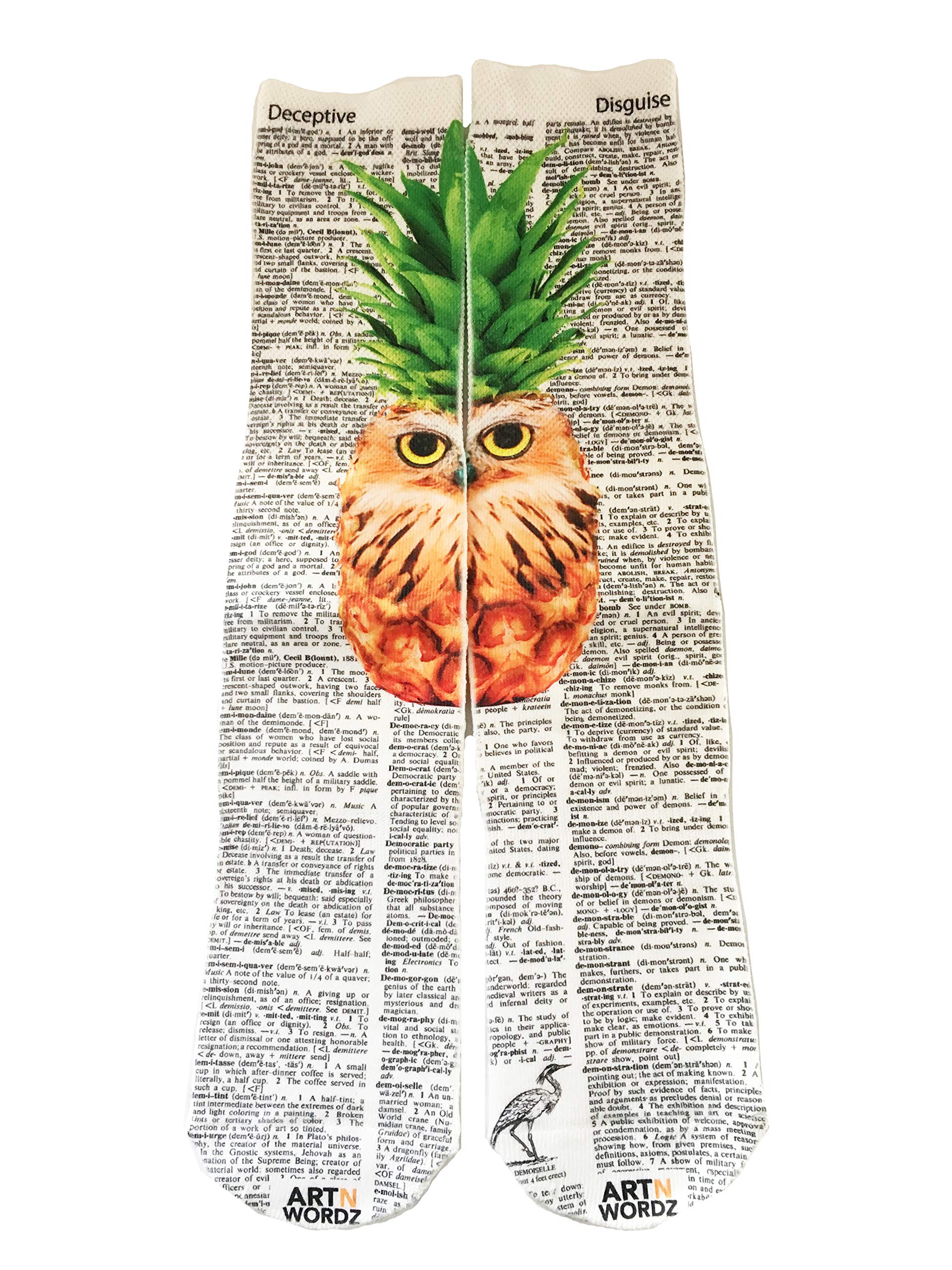 Pineapple Owl Dictionary Pop Art Unisex Socks - Fun Novelty Graphic Crew Socks for Men & Women - Perfect Gift for Book Lovers, Art Enthusiasts & Sock Collectors