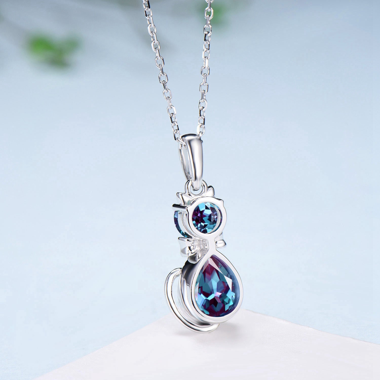 Elegant Alexandrite Cat Necklace - Sterling Silver & White Gold Bow Knot Pendant with Personalized Cat's Paw Charm | Unique Anniversary Gift for Daughter, Wife, or Cat Lover | Perfect for Birthdays, Valentine's Day & Special Occasions