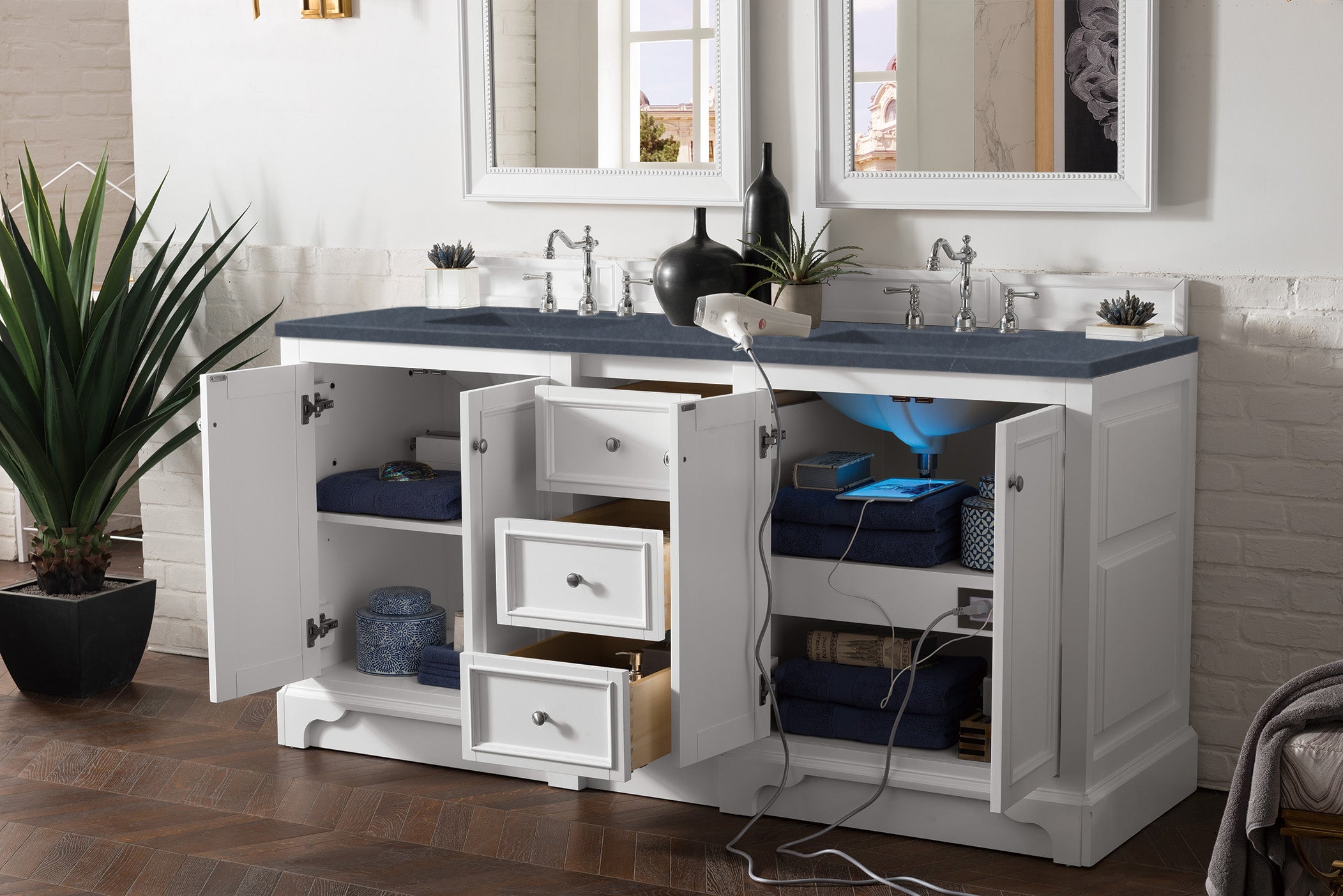 De Soto 72 Inch Double Vanity with Bright White Finish and 3CM Charcoal Soapstone Quartz Top - Perfect for Modern Bathroom Renovations and Master Suite Upgrades