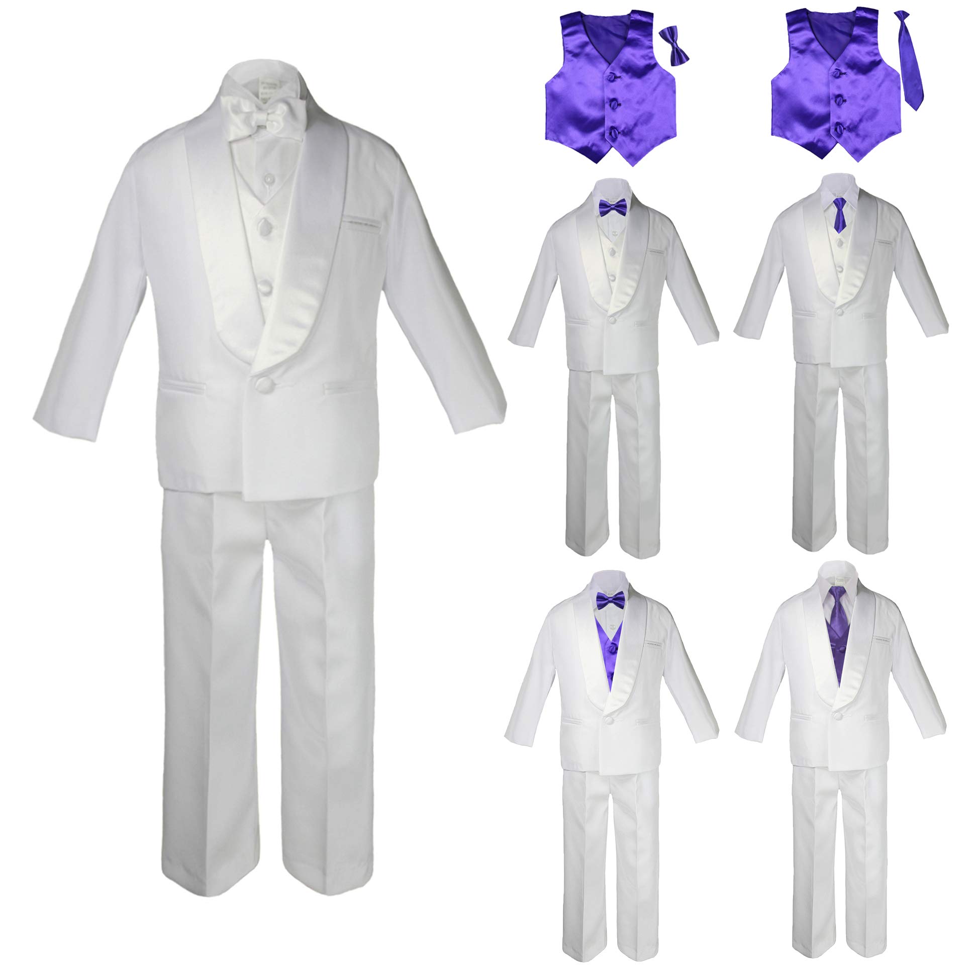 Kids Formal Suit Set - White Tuxedo with Purple Satin Vest & Bow Tie for Weddings, Parties & Special Occasions | Perfect for Boys, Toddlers & Teens