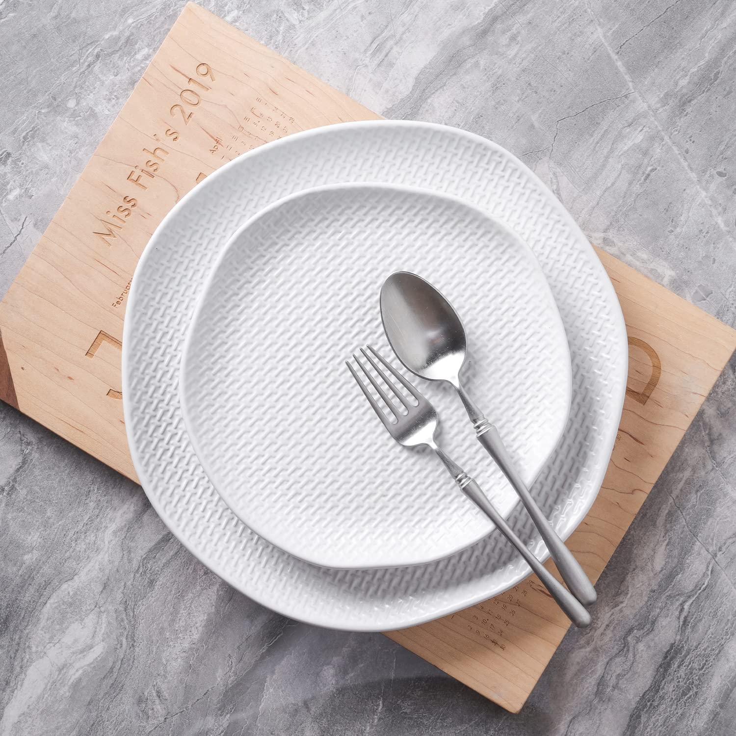 Stone Woven Stoneware Dinner Plate Set of 4 - White Ceramic Plates for Everyday Dining, Entertaining & Restaurant Use - Abigael Collection