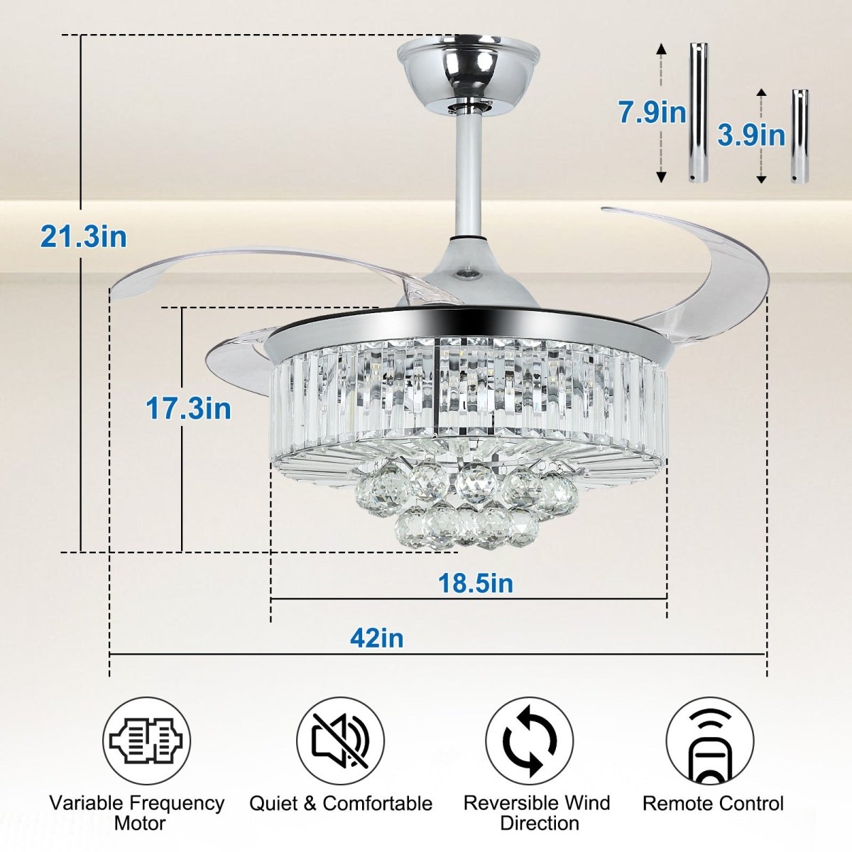 Modern Crystal Retractable Invisible Blades Fandelier - 42 Inch LED Chandelier Ceiling Fan with Remote, 3 Color Temperatures (3000K-6000K), 6-Speed Reversible DC Motor, Silver - Perfect for Bedroom, Living Room, and Dining Room Lighting