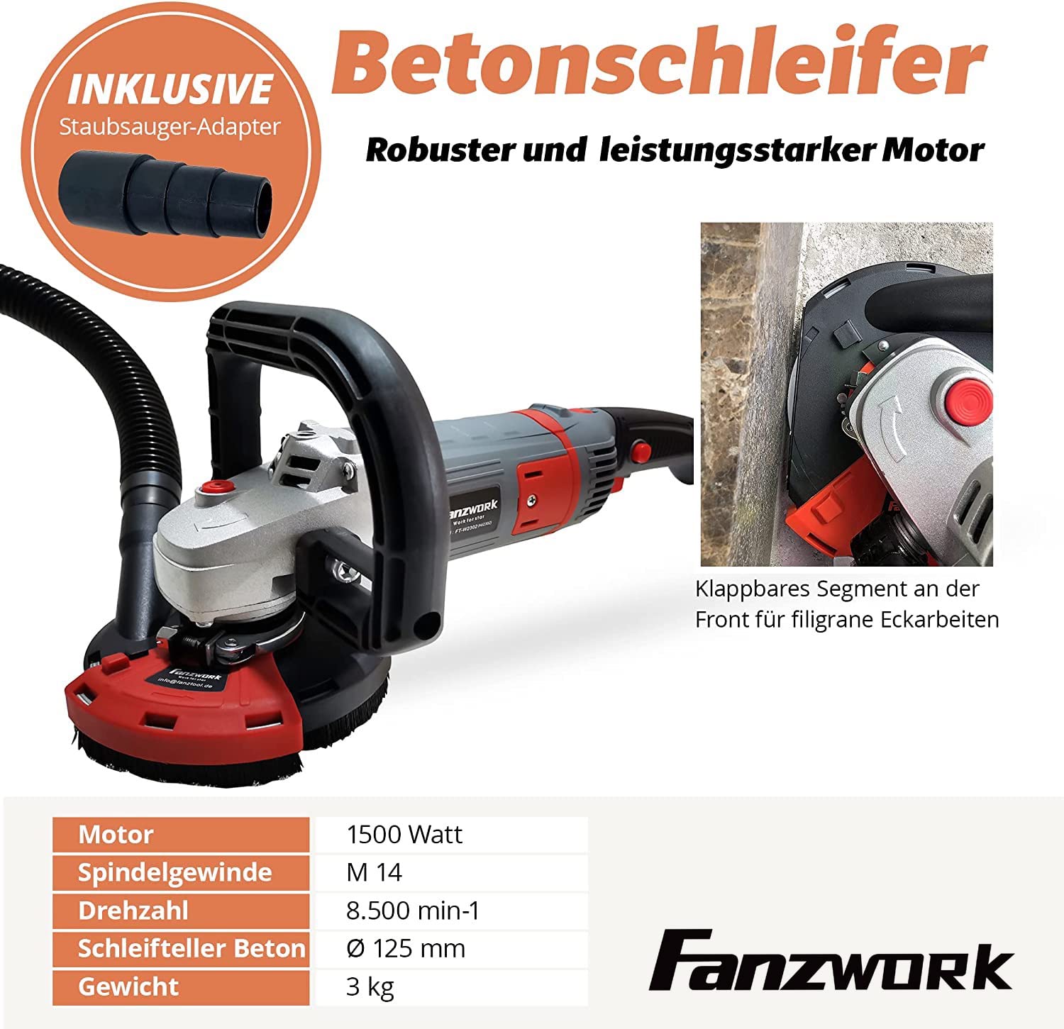FANZWORK 1500W 125mm Concrete Grinder & Cutter Set with Diamond Cup Wheel & Suction Bonnet - Perfect for Floor Polishing, Surface Preparation, and DIY Home Renovation Projects
