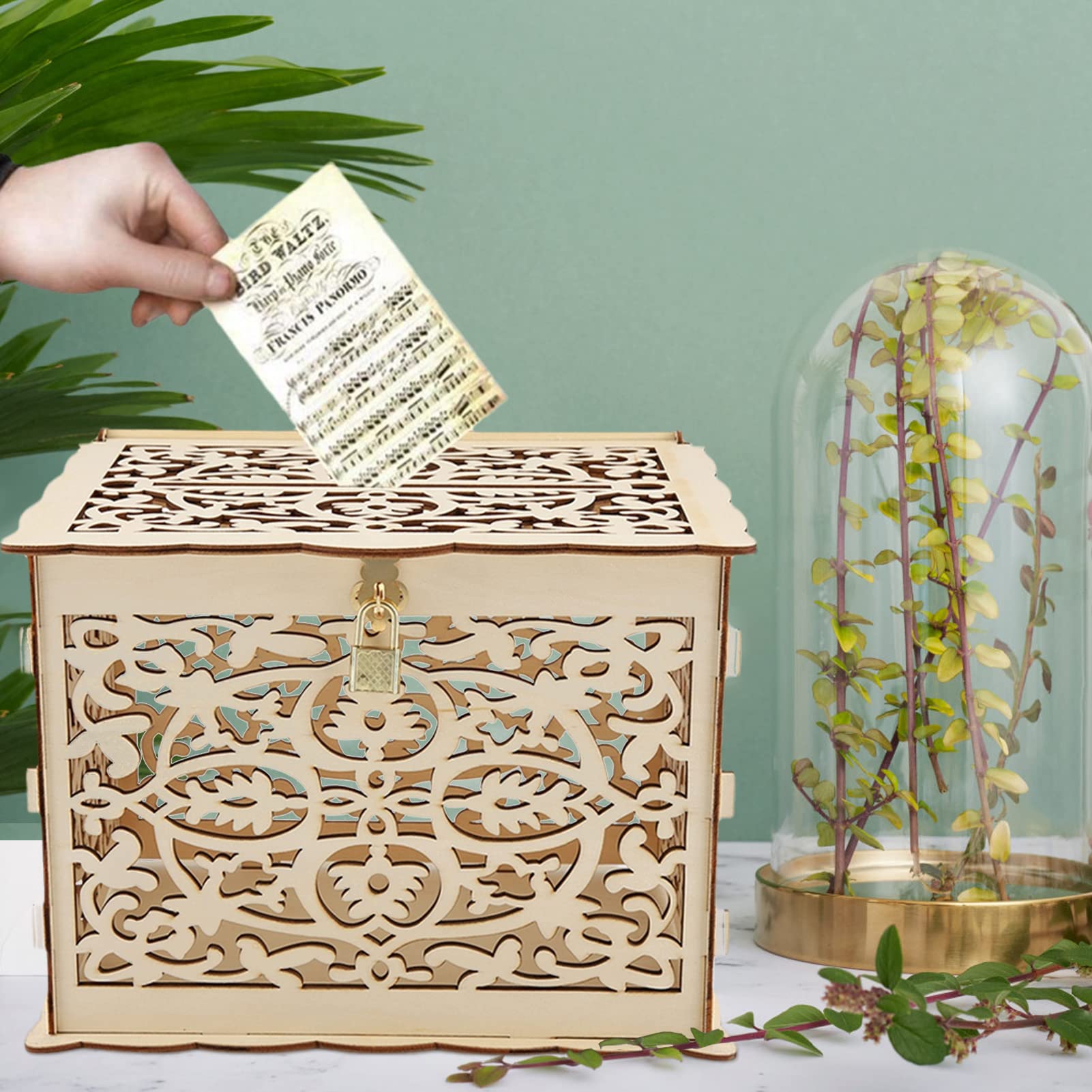 Natural Wood Wedding Card Box with Hollow Design & Lock - Foldable DIY Gift Box for Weddings, Anniversaries, Graduations, Baby Showers & Birthdays | Perfect for Ceremony Card Collection & Party Decor