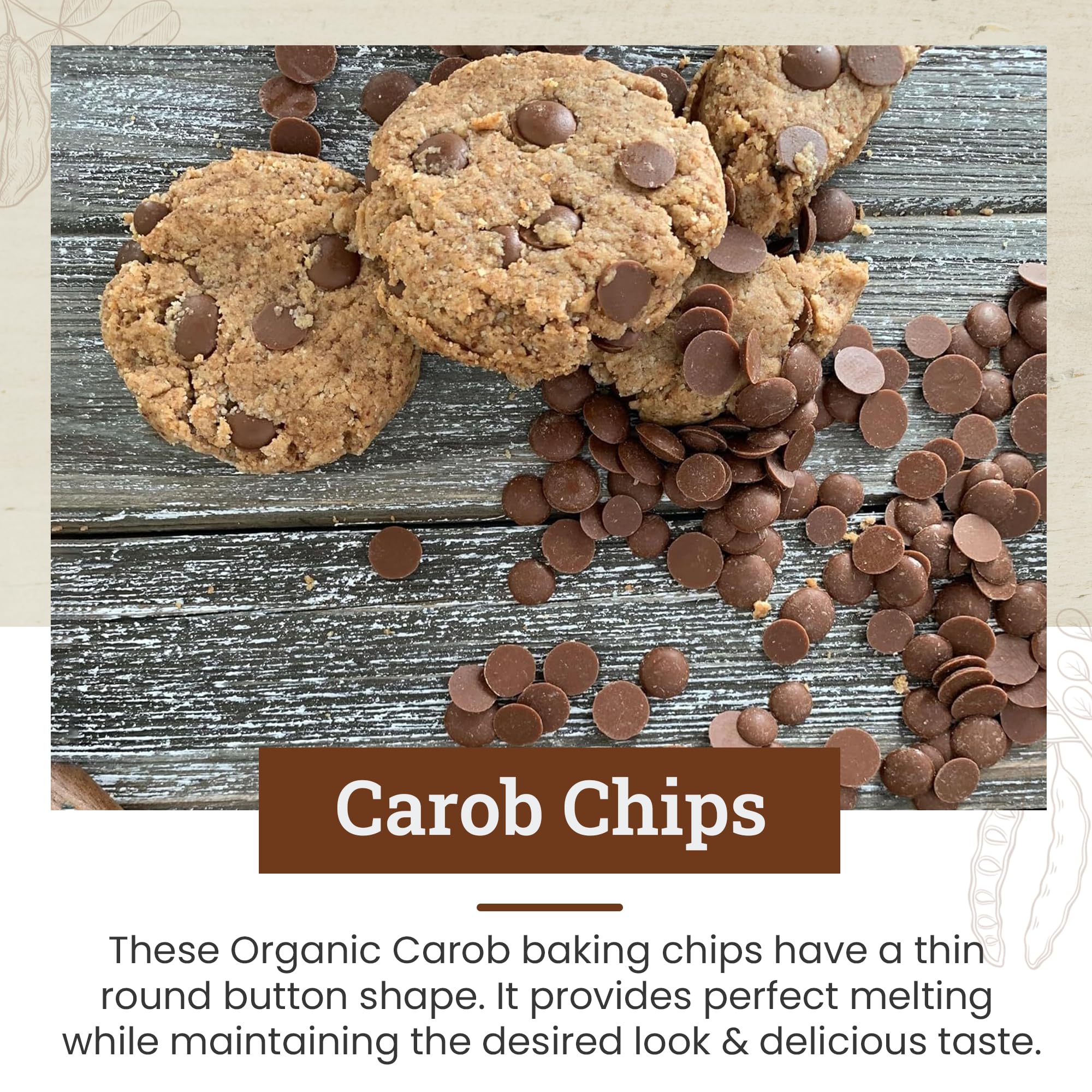 Organic Unsweetened Carob Chips 8 Oz - Vegan, Gluten-Free, Caffeine-Free Healthy Chocolate Alternative - Perfect for Baking, Snacks, Desserts & Vegan Treats