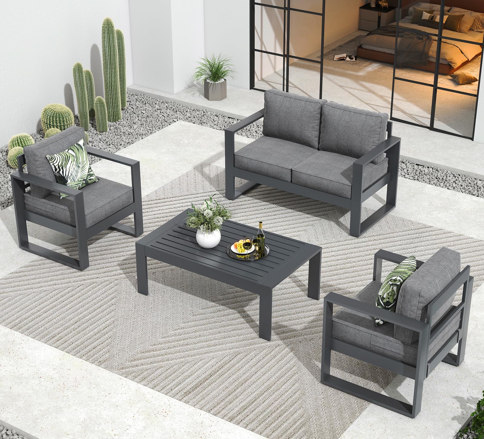 Modern 4-Piece Aluminum Patio Set - Outdoor Sectional Sofa & Coffee Table for Garden Relaxation