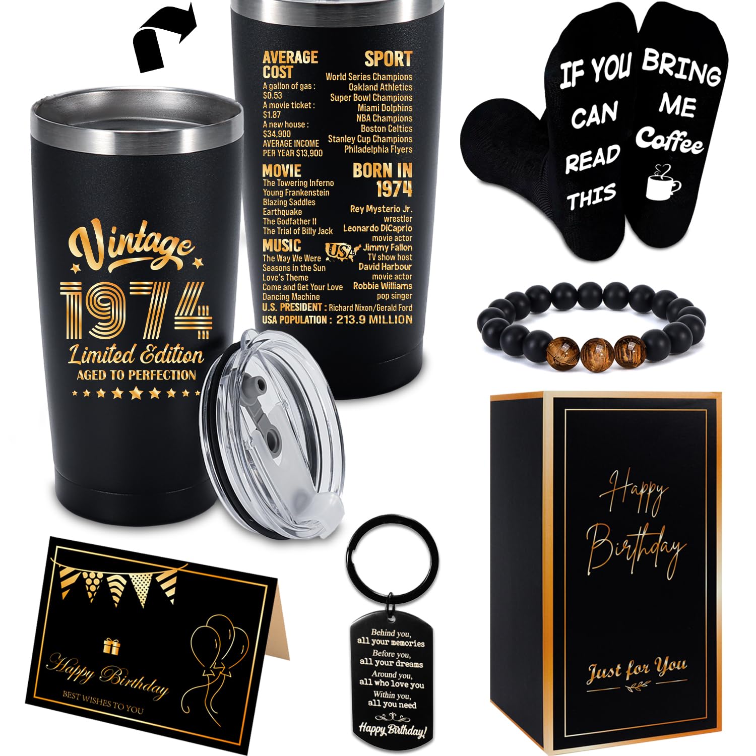 1974 50th Birthday Gift Set for Men & Women - Vintage Tumbler & Socks Combo Box for Dad, Mom, Him or Her | Perfect 50 Year Old Birthday Present, Anniversary Gift & Milestone Celebration | Great for Parties, Office Gifts & Nostalgic Surprises